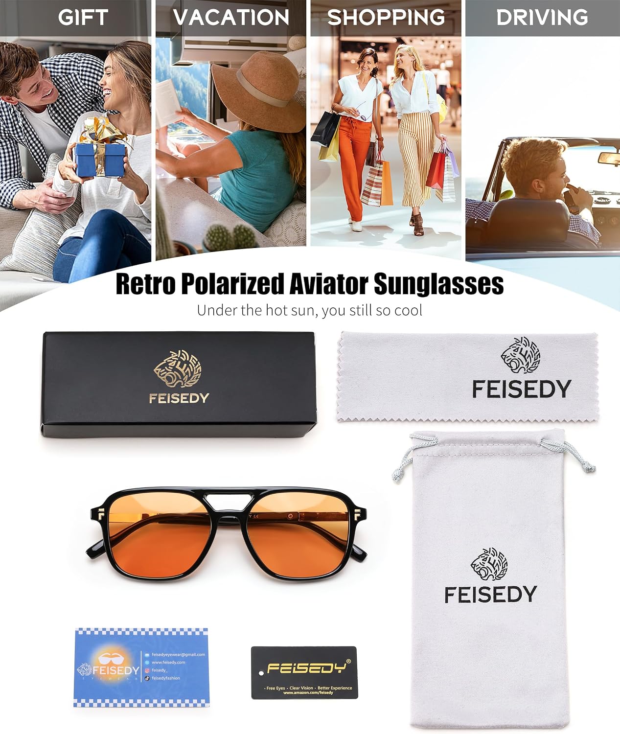 商品图片 56 | B0H2V9BFS5 | FEISEDY Retro Polarized Aviator Square Sunglasses for Women Men UV400 B0357