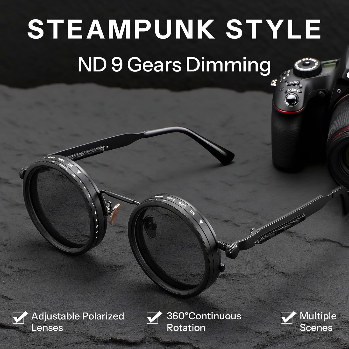 商品图片 3 | B0FK1DDVSV | FEISEDY Adjustable Sunglasses Polarized Men, Round Metal ND Filter B1400