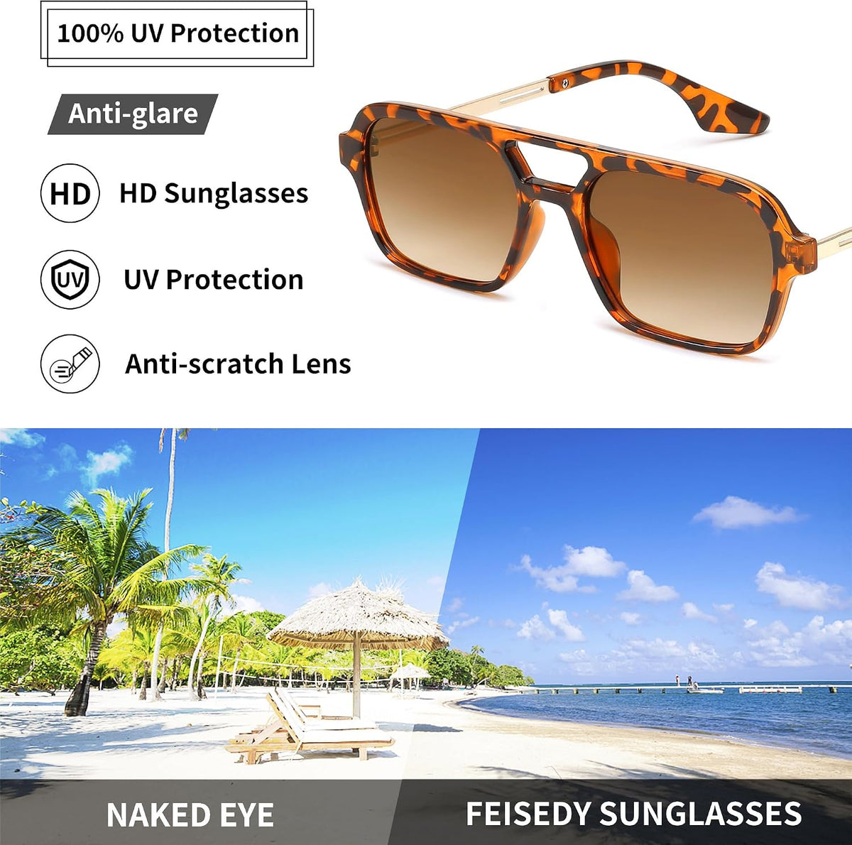 ÉÌƷͼƬ 40 | B0925V3NP4 | FEISEDY Vintage Square 70s Flat Aviator Sunglasses Women Men Metal Design Shades B2752