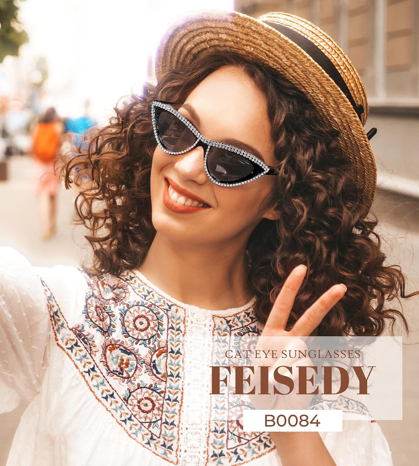 商品图片 50 | B0BZ7YMM4F | FEISEDY Oversized Women Cat Eye Rhinestone Sunglasses Costume Party B2360