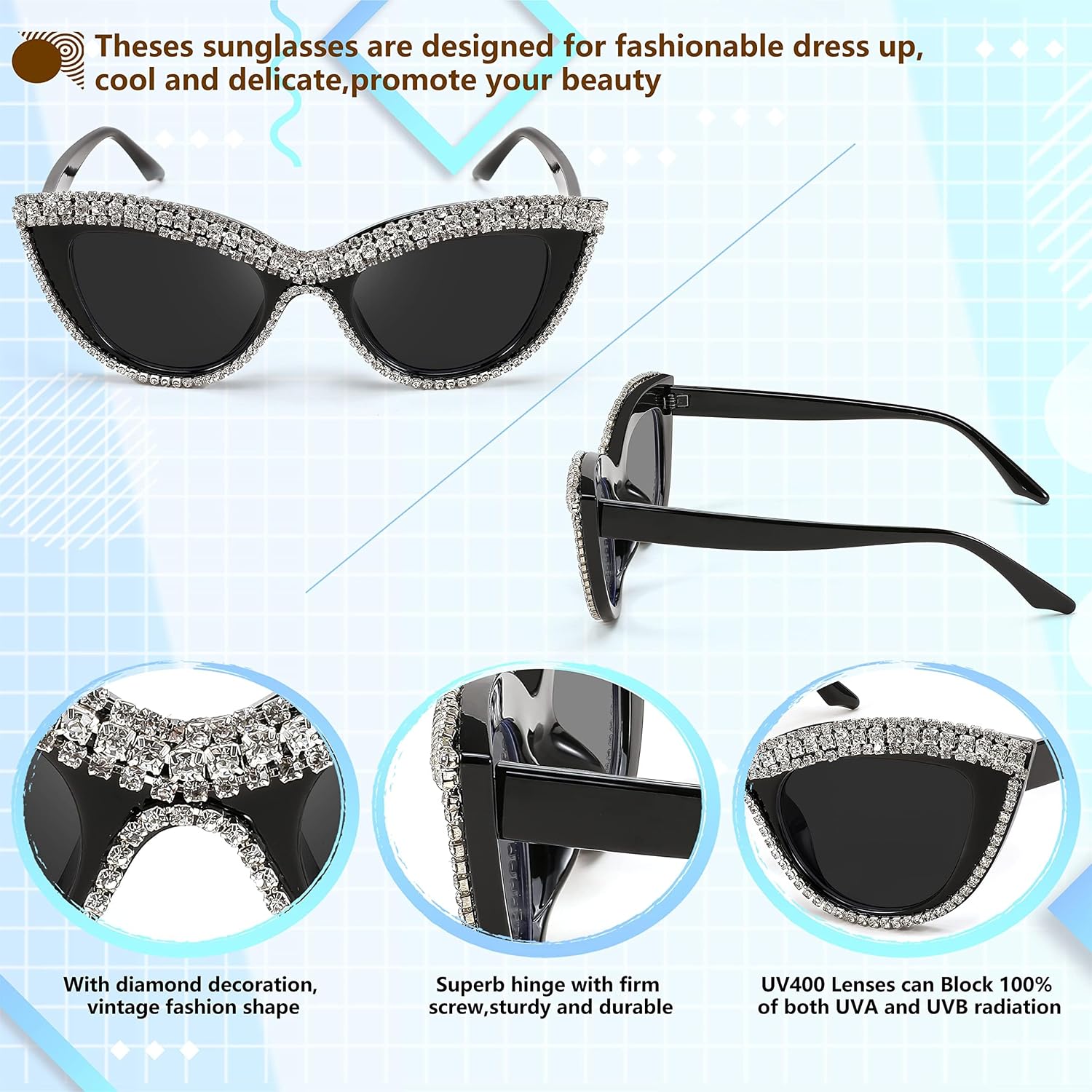 商品图片 53 | B0BZ7YMM4F | FEISEDY Oversized Women Cat Eye Rhinestone Sunglasses Costume Party B2360