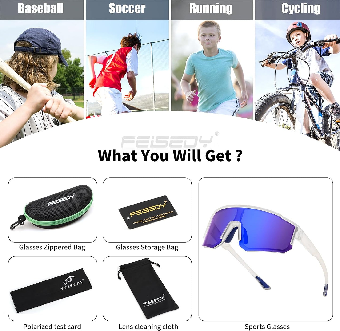 商品图片 20 | B0D95W5582 | FEISEDY Kids Sunglasses Youth Baseball Polarized Sunglasses Sports Lightweight TR90 Frame Boys Girls Cycling B0213