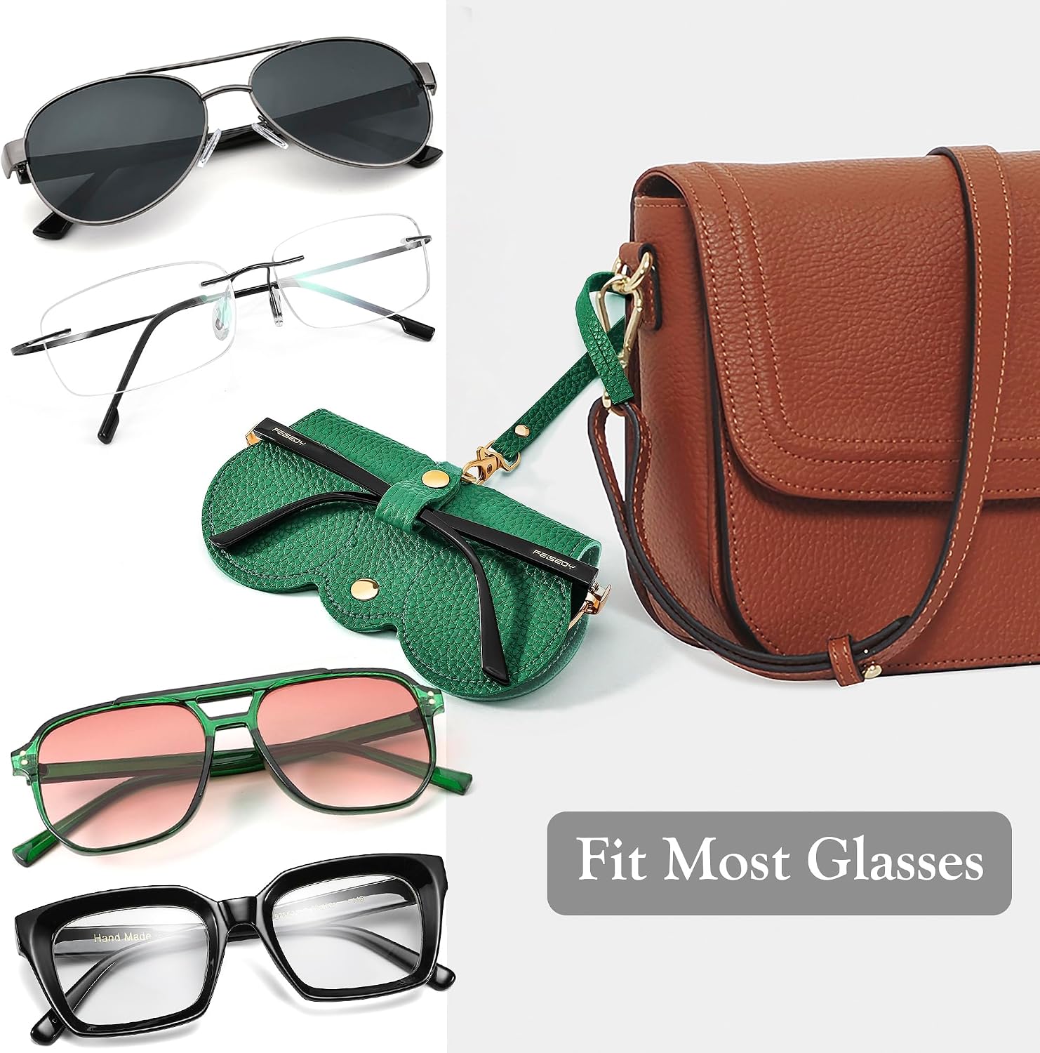 商品图片 27 | B0CFPPR4K1 | FEISEDY 2Pack Soft Leather Sunglass Bag, Portable Holder Eyeglasses Case | Lightweight Portable Design, With Button Clip Wrist Strap for Travel Daily Use B0049
