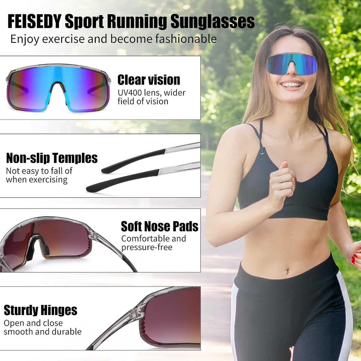 ÉÌƷͼƬ 12 | B0DGTRTMPX | FEISEDY Sports Sunglasses for Men and Women, Large Rectangular Lens, Baseball Cycling Running Sunglasses B0243