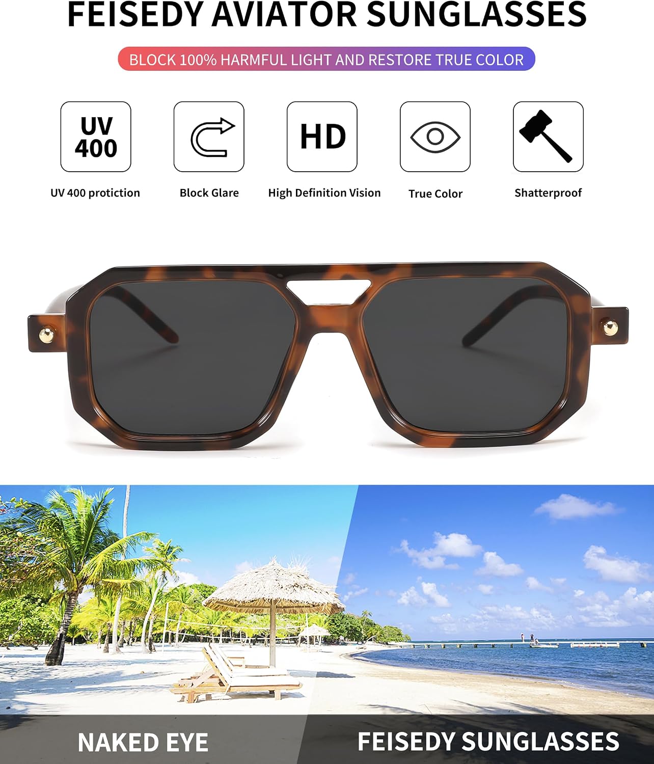 商品图片 89 | B09YTJ4FQZ | FEISEDY Vintage Square 70s Flat Aviator Sunglasses Women Men Classic Retro Stylish Frame UV400 Sunglasses B2622