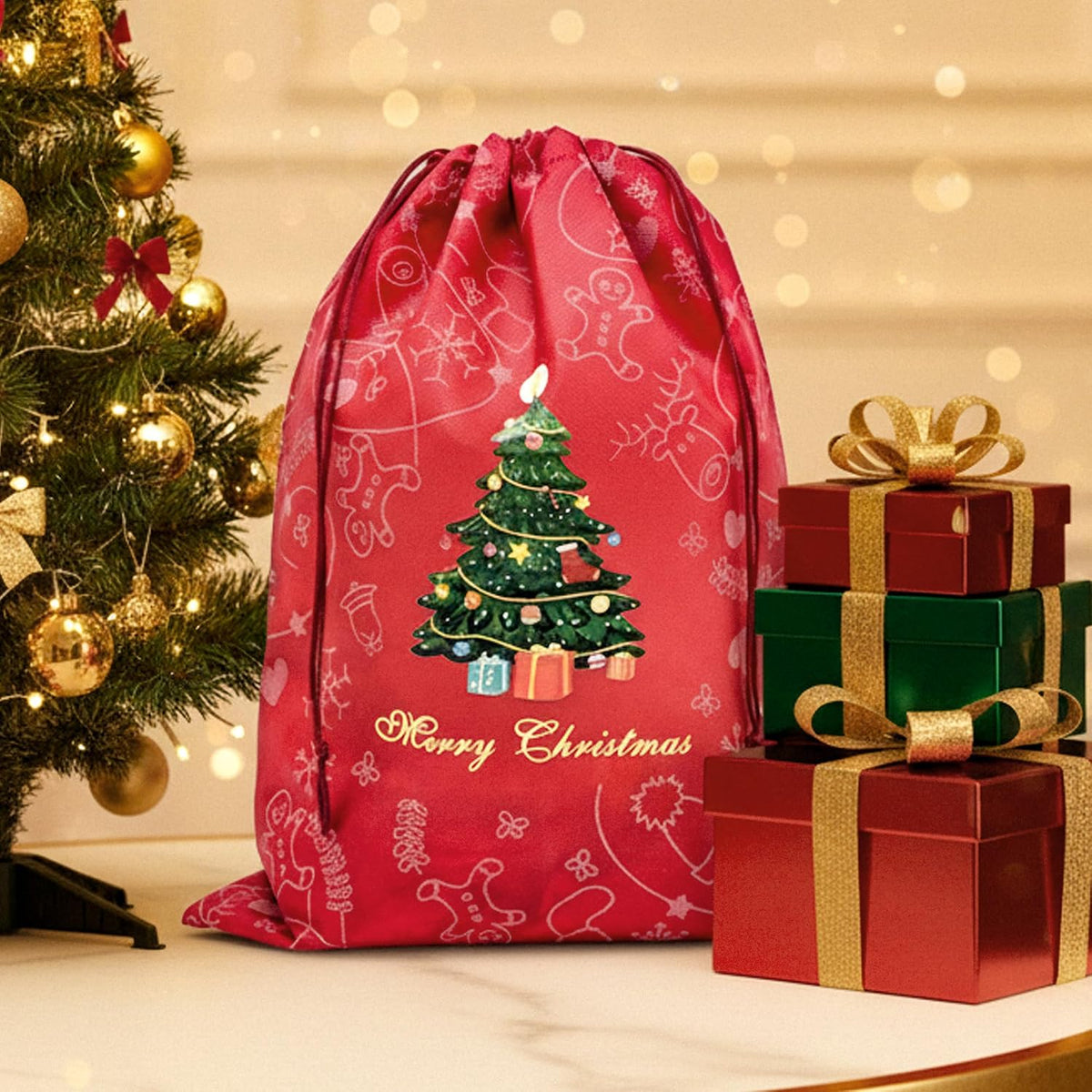 商品图片 12 | B0FNM9L51G | Christmas Drawstring Gift Bags Festive Tree Pattern Christmas, Dust Bag for Parties, Decorations Daily Storage