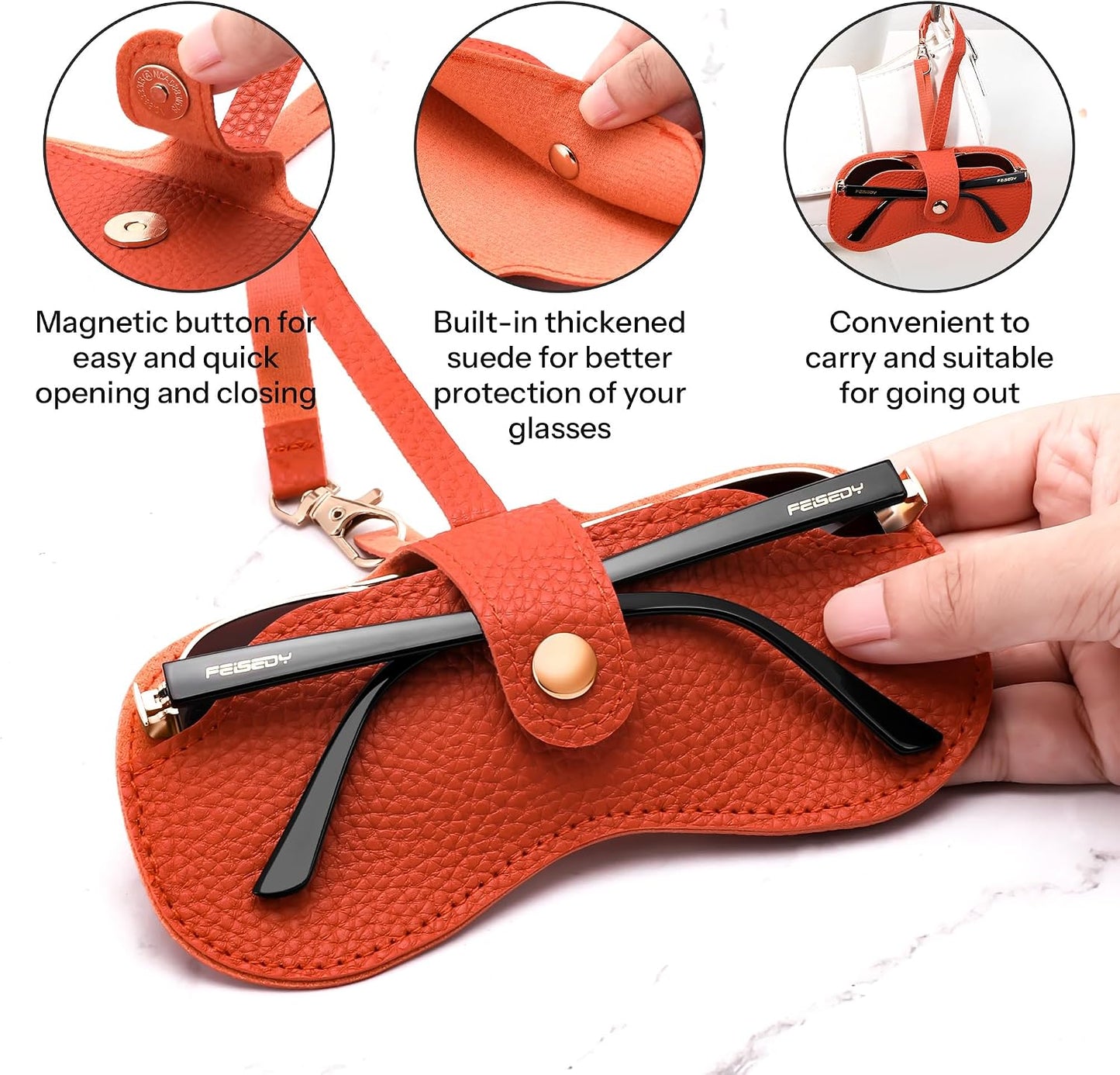 商品图片 20 | B0FMY27LR3 | FEISEDY Sunglass Case, 2Pcs Soft Leather Eyeglass Cases for Women | Slim Portable Glasses Holder, with Button-Closure Wrist Strap for Travel & Outdoor B0308