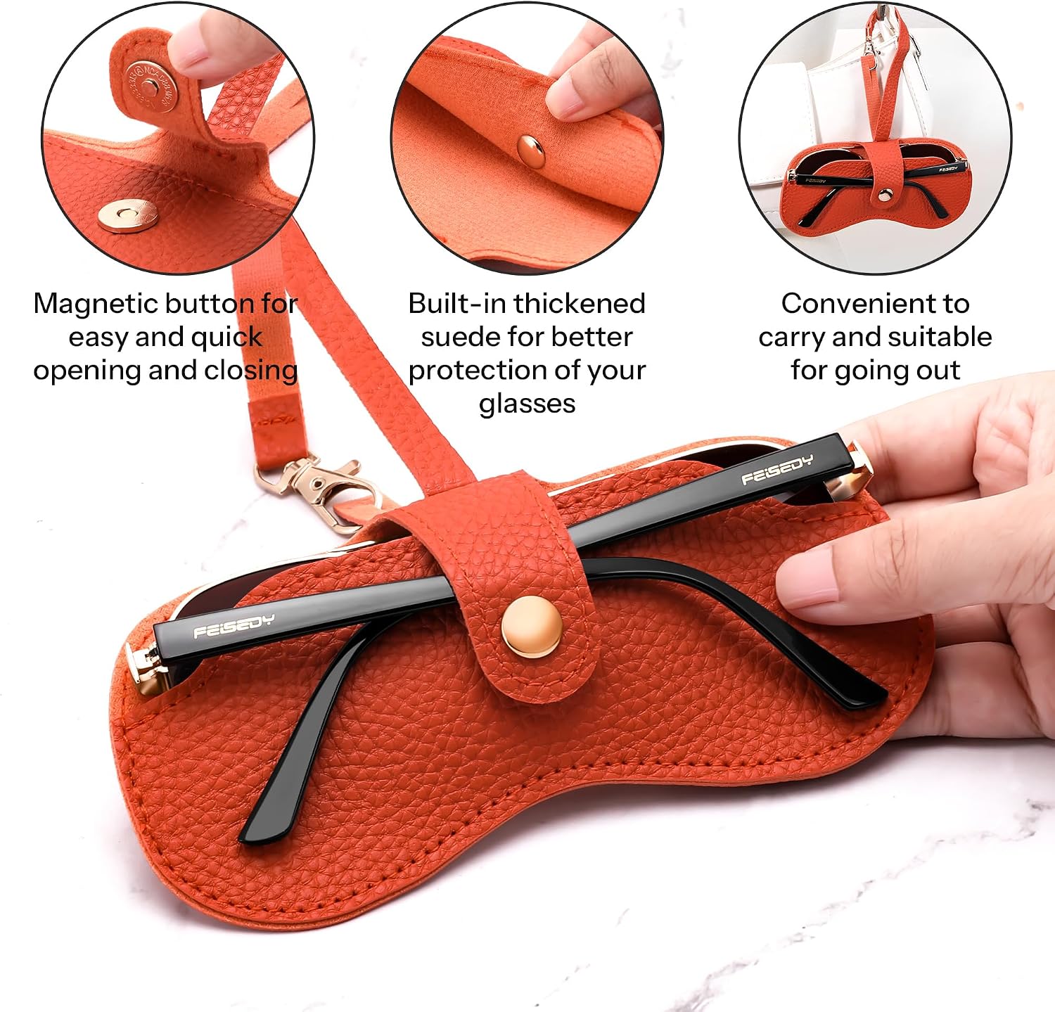 商品图片 20 | B0FMY27LR3 | FEISEDY Sunglass Case, 2Pcs Soft Leather Eyeglass Cases for Women | Slim Portable Glasses Holder, with Button-Closure Wrist Strap for Travel & Outdoor B0308