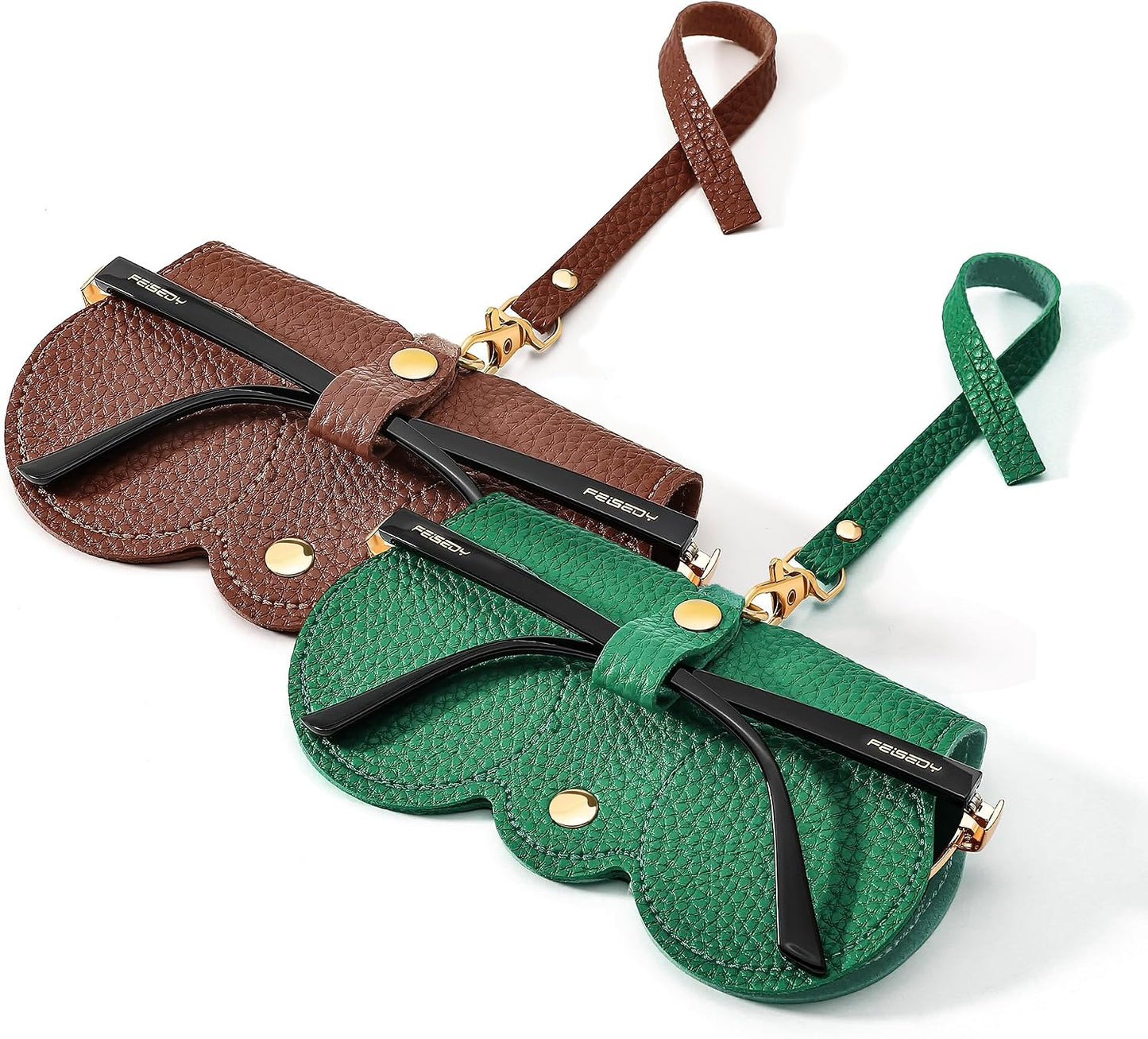 Brown+green | B0FQH6MDQD | FEISEDY 2Pack Soft Leather Sunglass Bag, Portable Holder Eyeglasses Case | Lightweight Portable Design, With Button Clip Wrist Strap for Travel Daily Use B0049