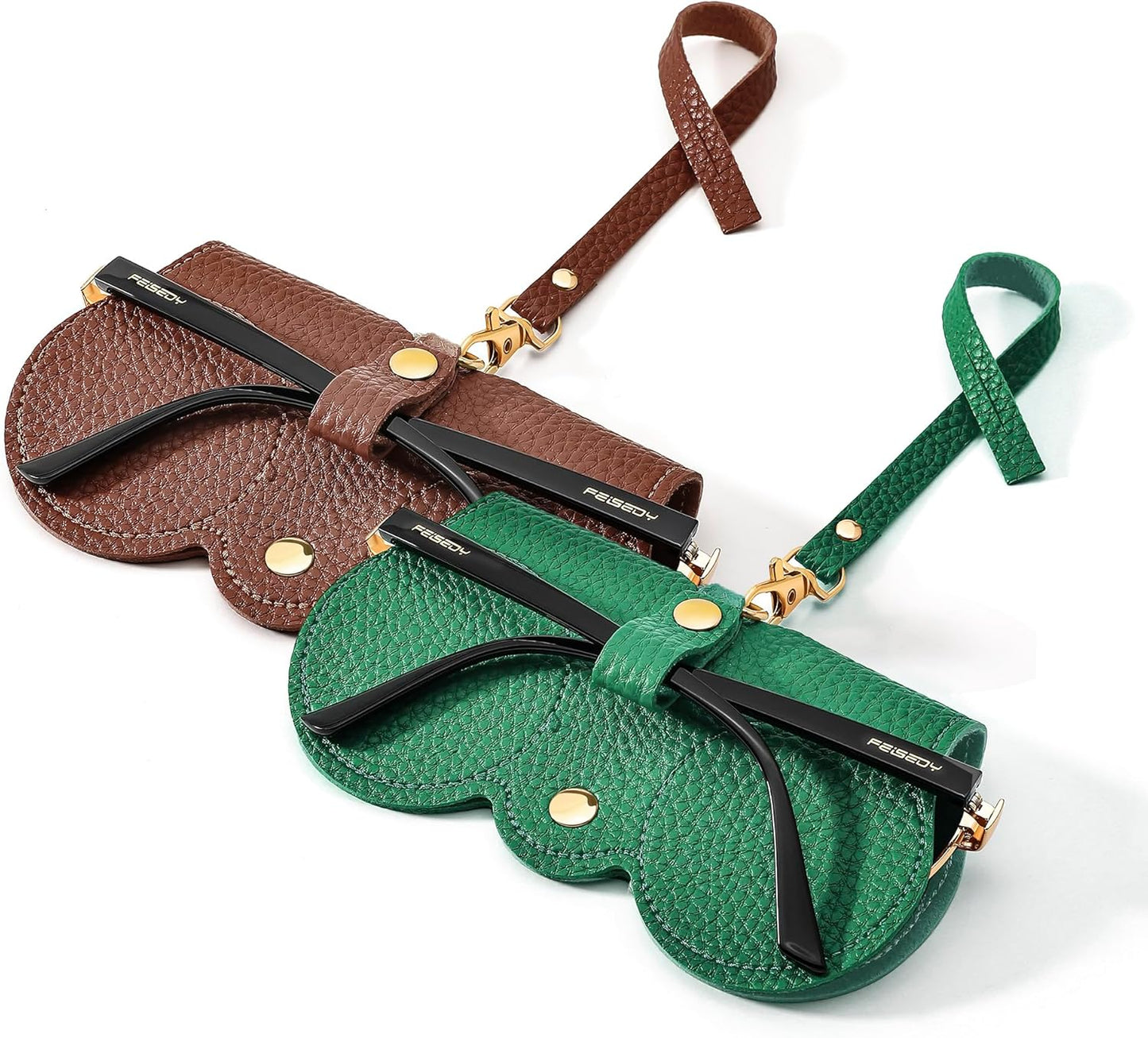 Brown+green | B0FQH6MDQD | FEISEDY 2Pack Soft Leather Sunglass Bag, Portable Holder Eyeglasses Case | Lightweight Portable Design, With Button Clip Wrist Strap for Travel Daily Use B0049