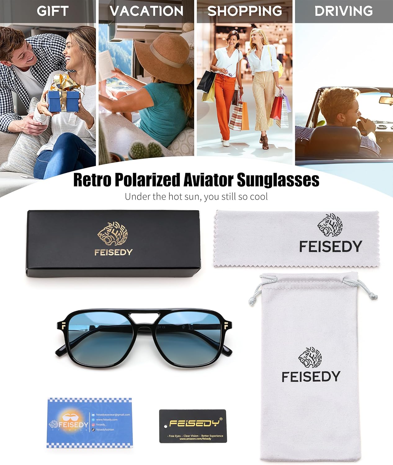 商品图片 7 | B0H2V9BFS5 | FEISEDY Retro Polarized Aviator Square Sunglasses for Women Men UV400 B0357