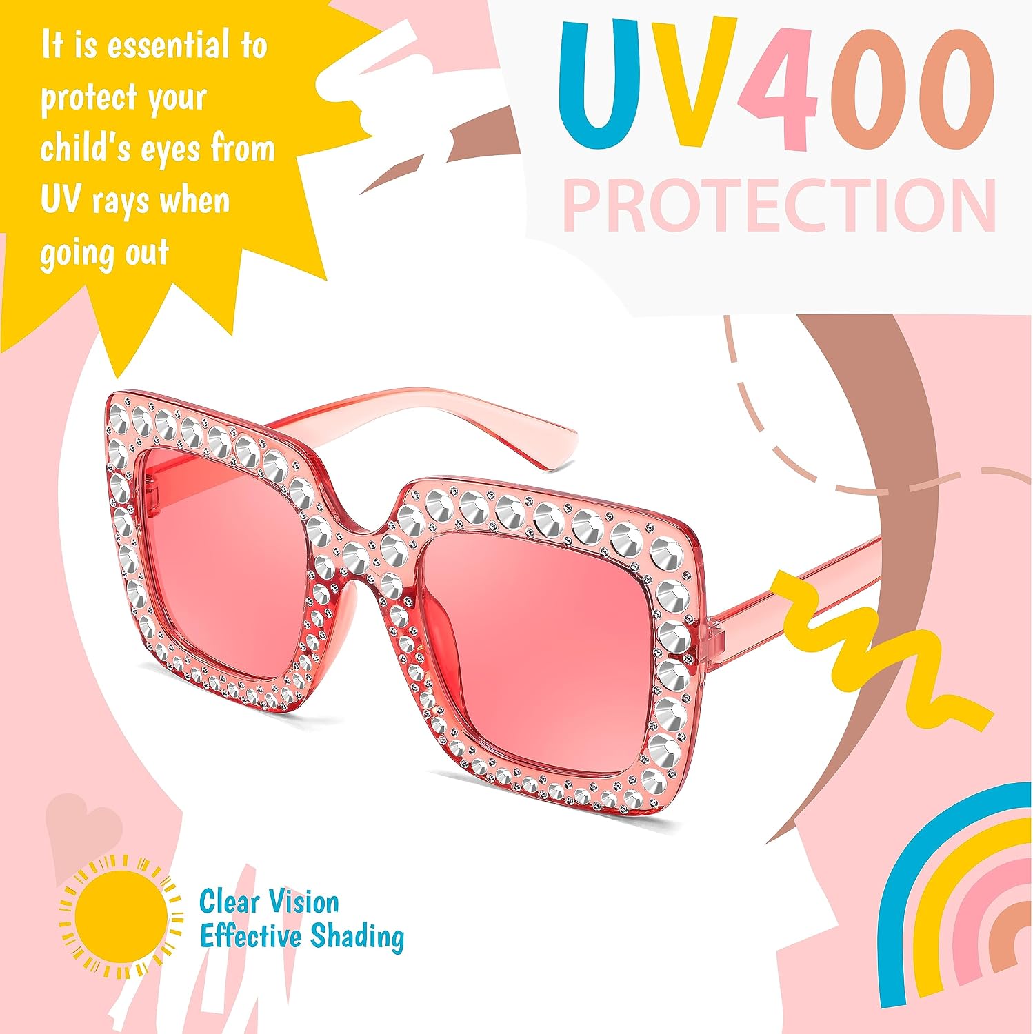 商品图片 19 | B0CFHLB4YT | FEISEDY Kids Sunglasses for Girls Oversized Square Sparkling Party Sun Glasses Lightweight Fashion Shades B0053