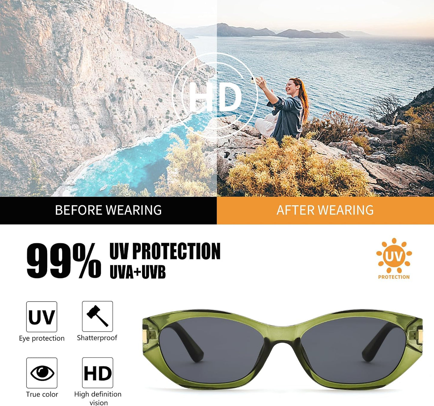 商品图片 3 | B0GV7G6XL2 | FEISEDY Retro Cat Eye Sunglasses for Women Trendy Shades Chunky Frame B0418