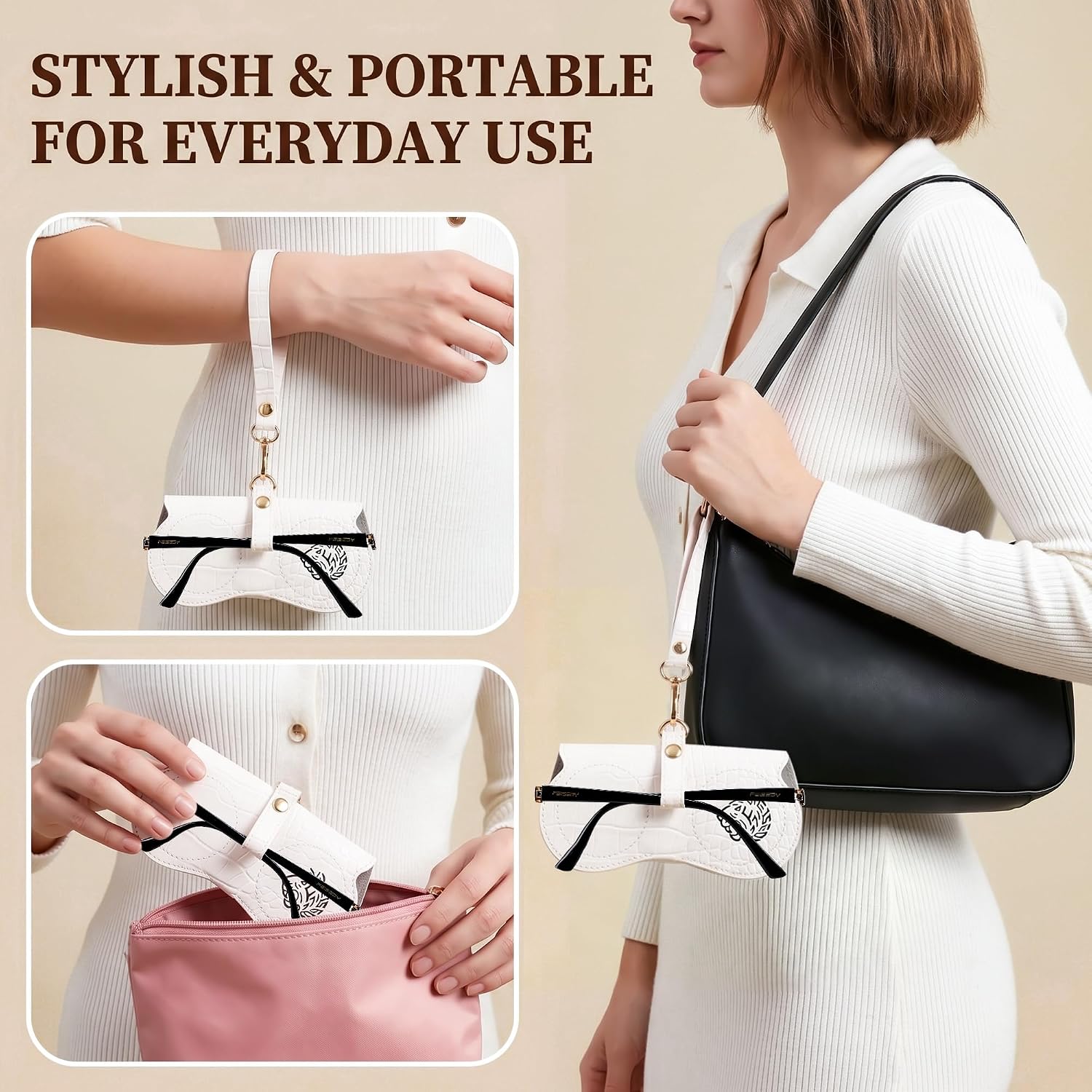 商品图片 10 | B0H4QTYMQP | FEISEDY Soft Crocodile Textured Leather Sunglass Bag, Portable Glasses Pouch With Button Clip Wrist Strap B0366