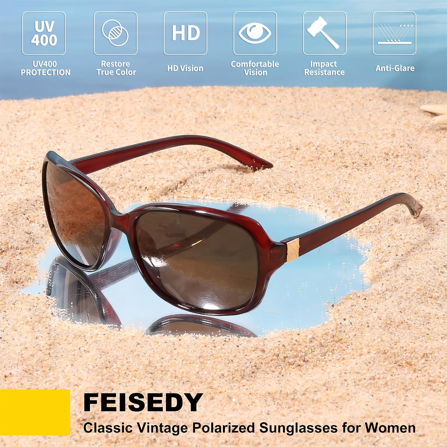 商品图片 49 | B0FZKDK786 | FEISEDY Polarized Sunglasses for Women Classic Vintage UV400 Shade | Trendy Square Wraparound Ladies Sun Glasses B0309