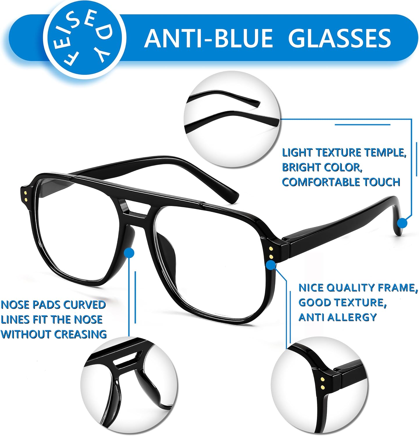 商品图片 6 | B0CHJST8ZK | FEISEDY Retro Aviator Reading Glasses Women Men Blue Light Blocking Reader Plastic Lightweight Frame B0071