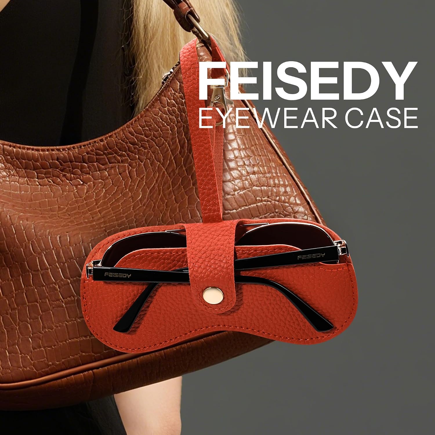 商品图片 19 | B0FMY27LR3 | FEISEDY Sunglass Case, 2Pcs Soft Leather Eyeglass Cases for Women | Slim Portable Glasses Holder, with Button-Closure Wrist Strap for Travel & Outdoor B0308