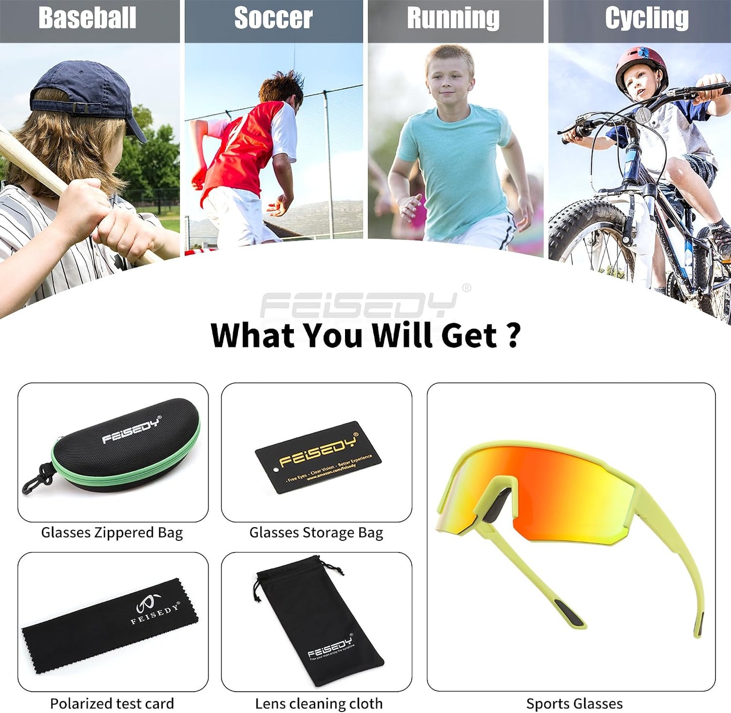 商品图片 41 | B0D95W5582 | FEISEDY Kids Sunglasses Youth Baseball Polarized Sunglasses Sports Lightweight TR90 Frame Boys Girls Cycling B0213