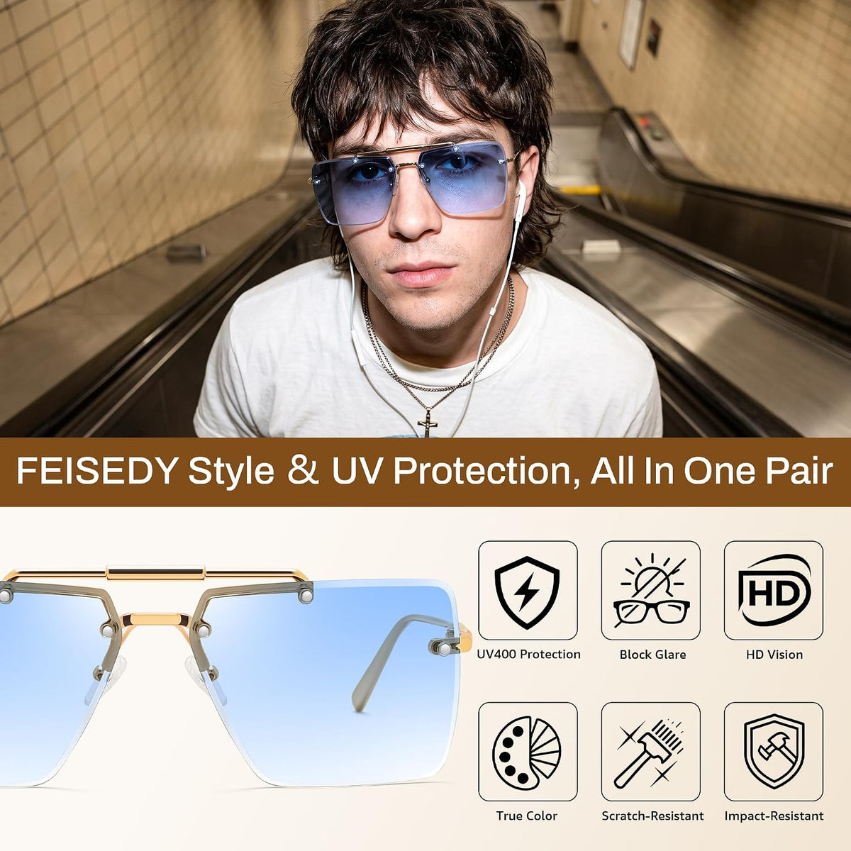 商品图片 12 | B0HFJXV98G | FEISEDY Rimless Aviator Sunglasses for Women Men Luxury UV400 Shades