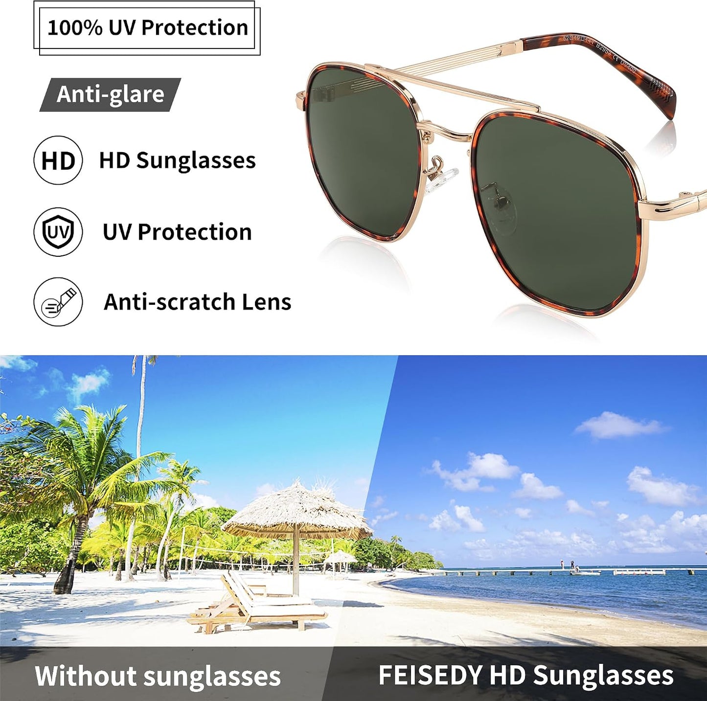商品图片 19 | B0B38ZHMJL | FEISEDY Sunglasses Aviator Men Women 70s Sun Glasses Square Frame UV400 Protection B2953