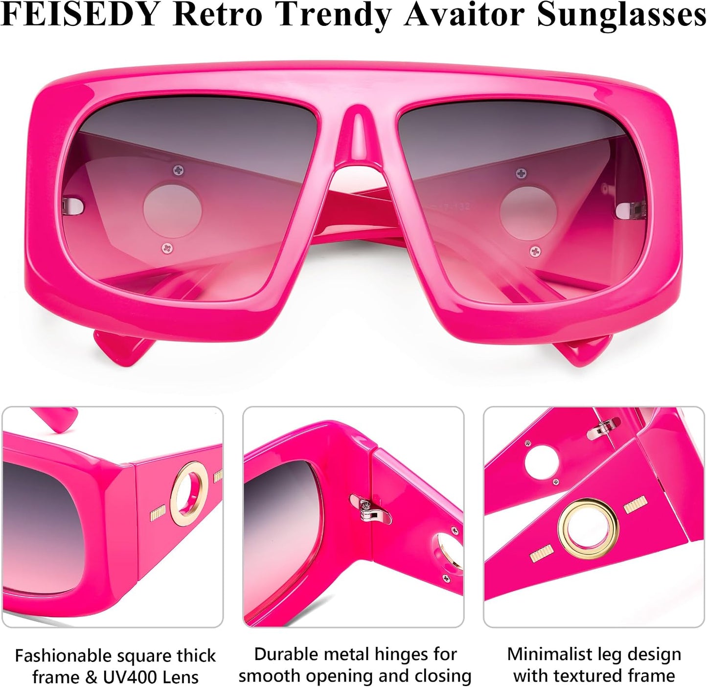 商品图片 4 | B0CYX6Y87W | FEISEDY Retro Oversized Avaitor Sunglasses for Women Men Bold Thick Frame Flat Top Shades B0126