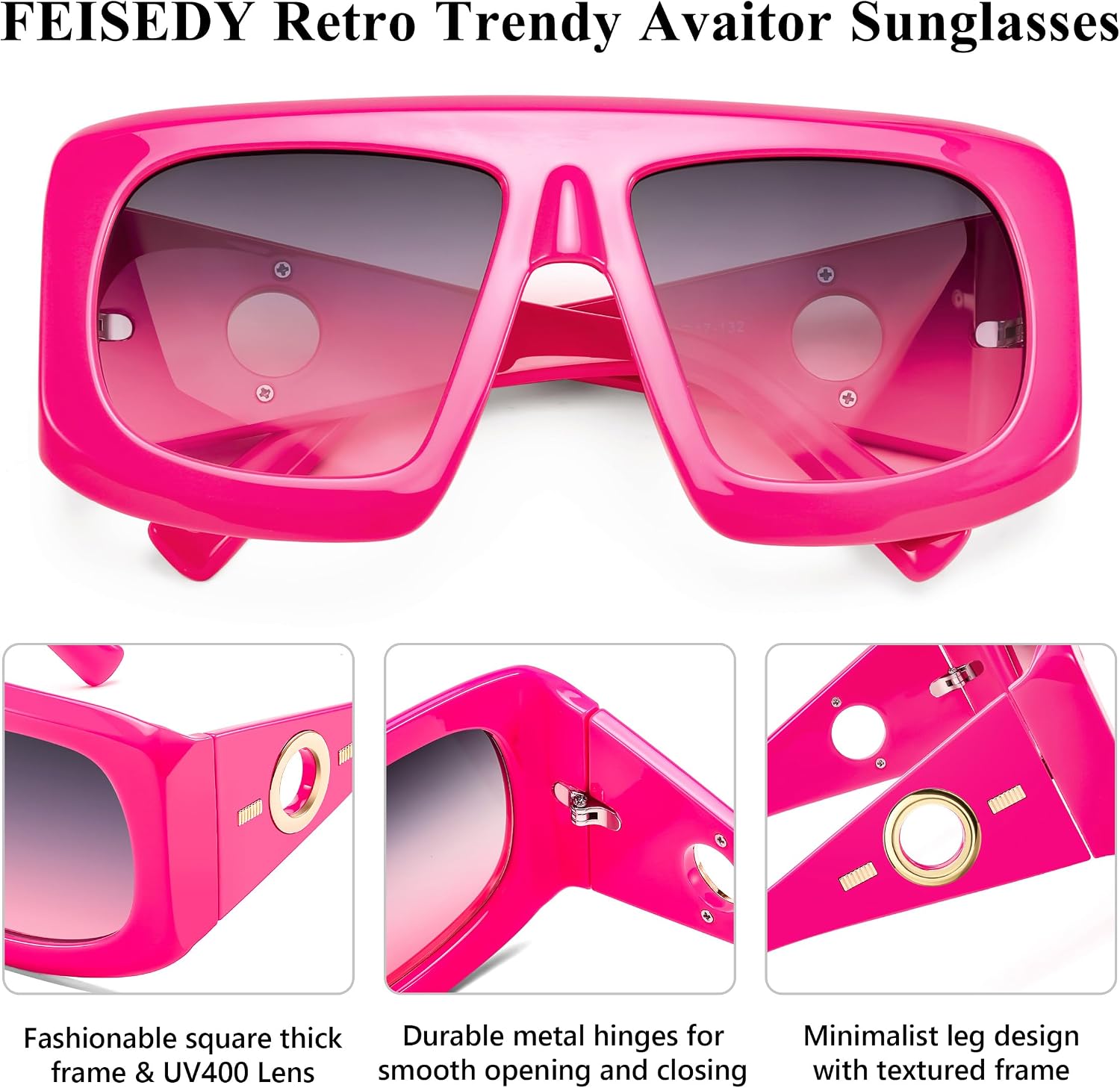 商品图片 4 | B0CYX6Y87W | FEISEDY Retro Oversized Avaitor Sunglasses for Women Men Bold Thick Frame Flat Top Shades B0126