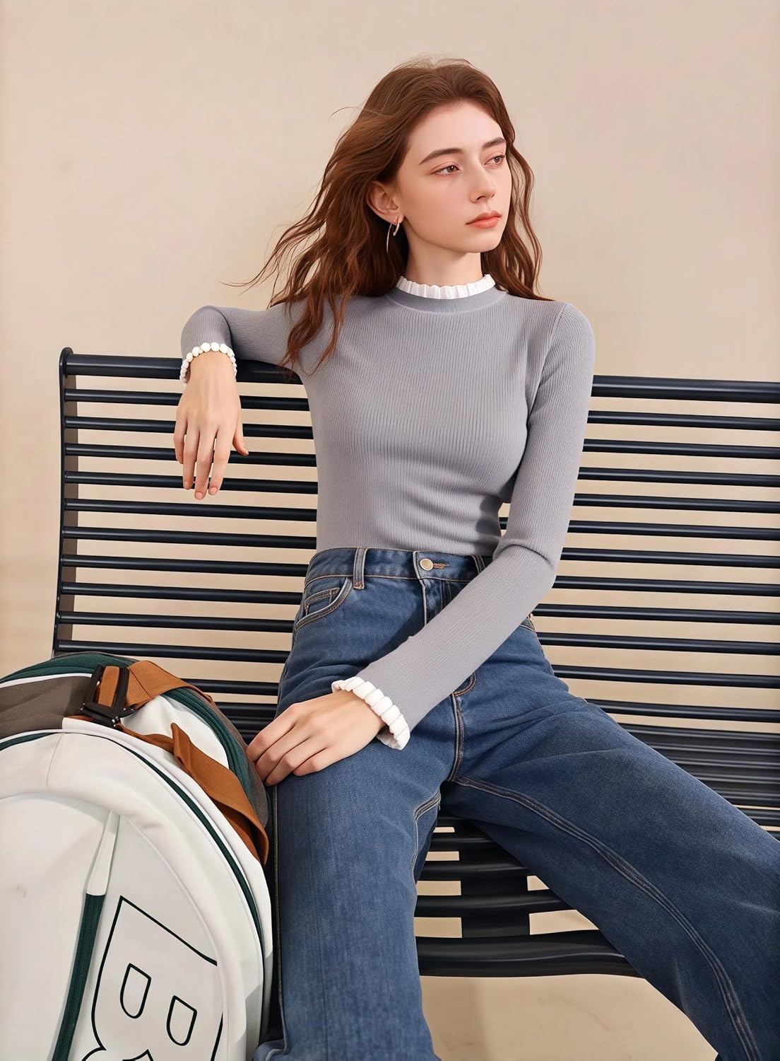 商品图片 2 | B0FYG329GK | Women's Turtleneck Sweater Long Sleeve Winter Clothes, Elegant Lace Trim Ribbed Knit, Soft Thermal Top for Daily Wear