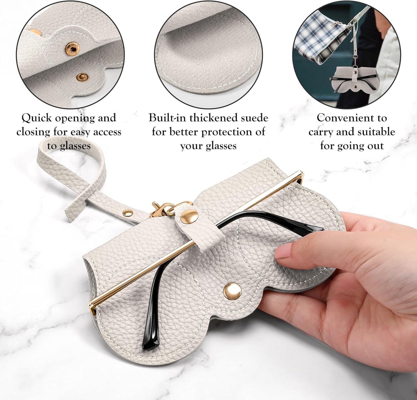 商品图片 23 | B0CFPPR4K1 | FEISEDY 2Pack Soft Leather Sunglass Bag, Portable Holder Eyeglasses Case | Lightweight Portable Design, With Button Clip Wrist Strap for Travel Daily Use B0049