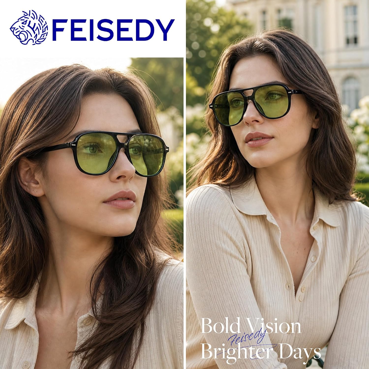 商品图片 14 | B0H1WCGC42 | FEISEDY Retro Square Aviator Sunglasses Women Men Double Bridge B0443