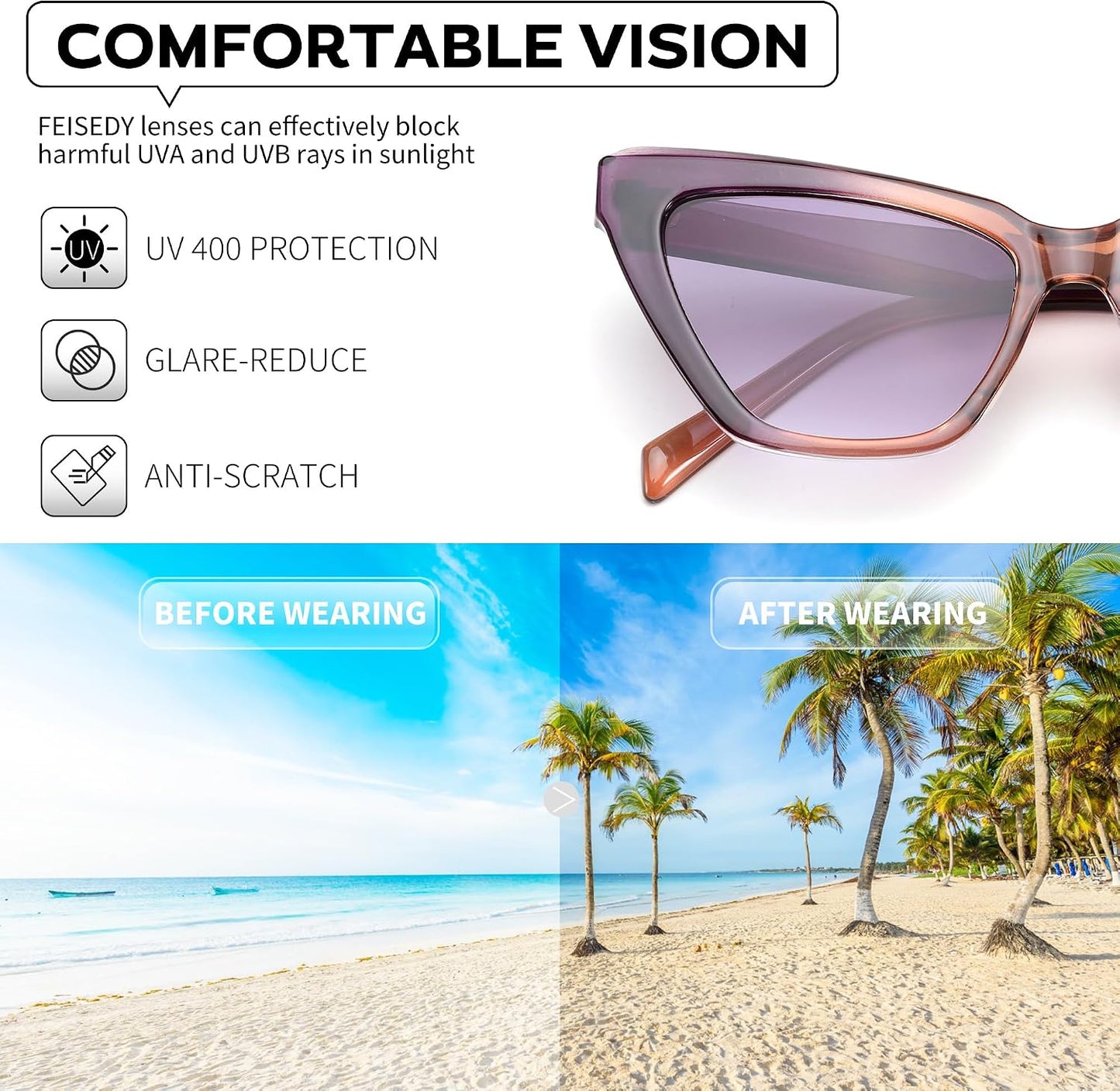 商品图片 12 | B0CYZG81R8 | FEISEDY Retro Cat Eye Sunglasses for Women UV400 Protection Small Vintage Chic Shades B0132
