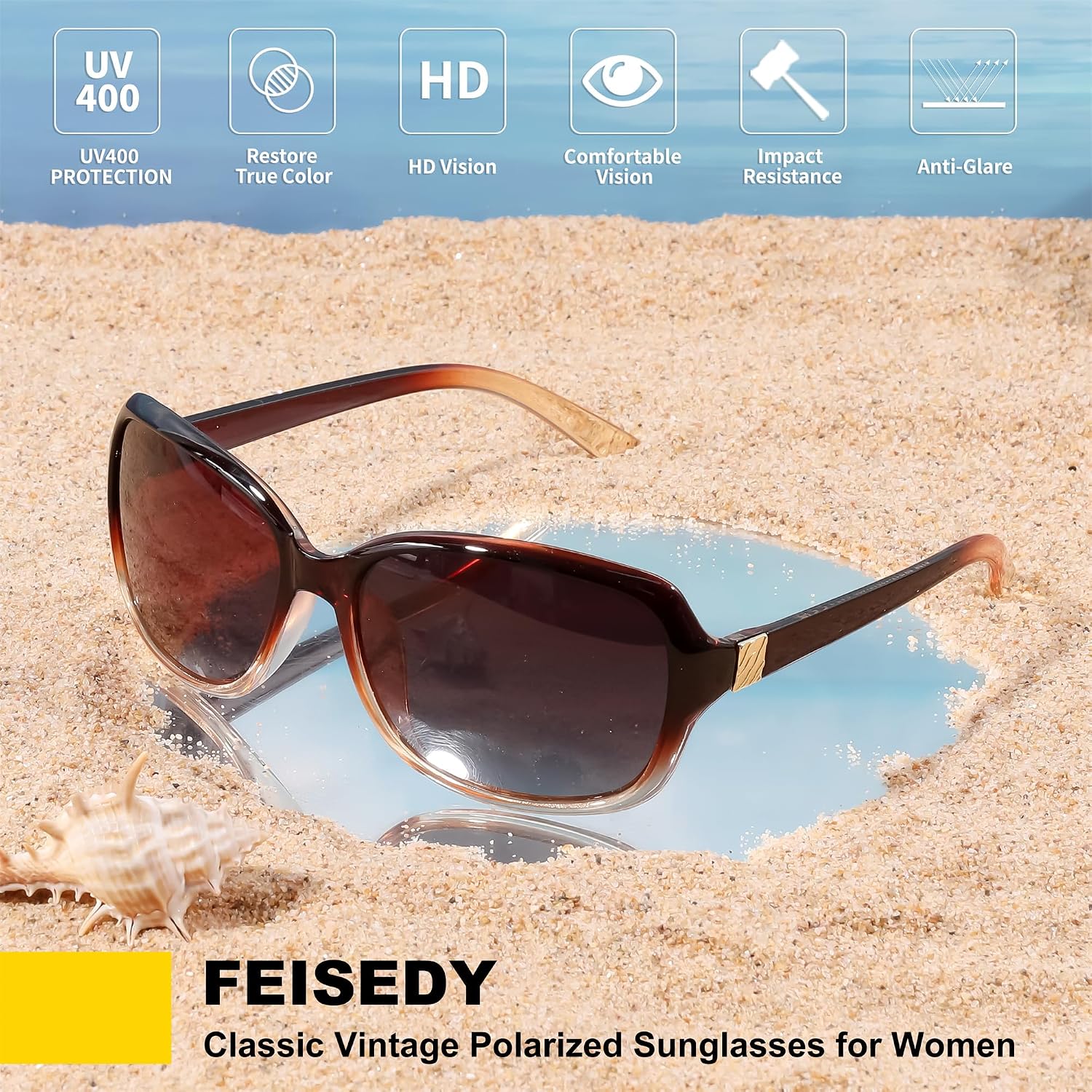 商品图片 41 | B0FZKDK786 | FEISEDY Polarized Sunglasses for Women Classic Vintage UV400 Shade | Trendy Square Wraparound Ladies Sun Glasses B0309