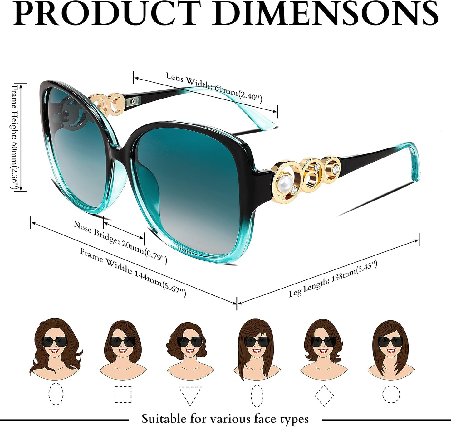 商品图片 12 | B0BJ71VZCB | FEISEDY Women's Fashion Sunglasses, Oversized Square Frame with Pearl Sparkling, Polarized UV Protection B2821