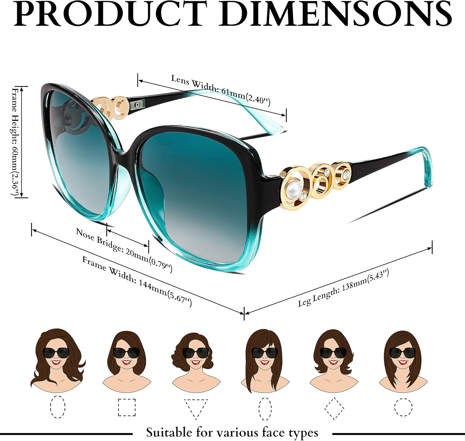 商品图片 12 | B0BJ71VZCB | FEISEDY Women's Fashion Sunglasses, Oversized Square Frame with Pearl Sparkling, Polarized UV Protection B2821