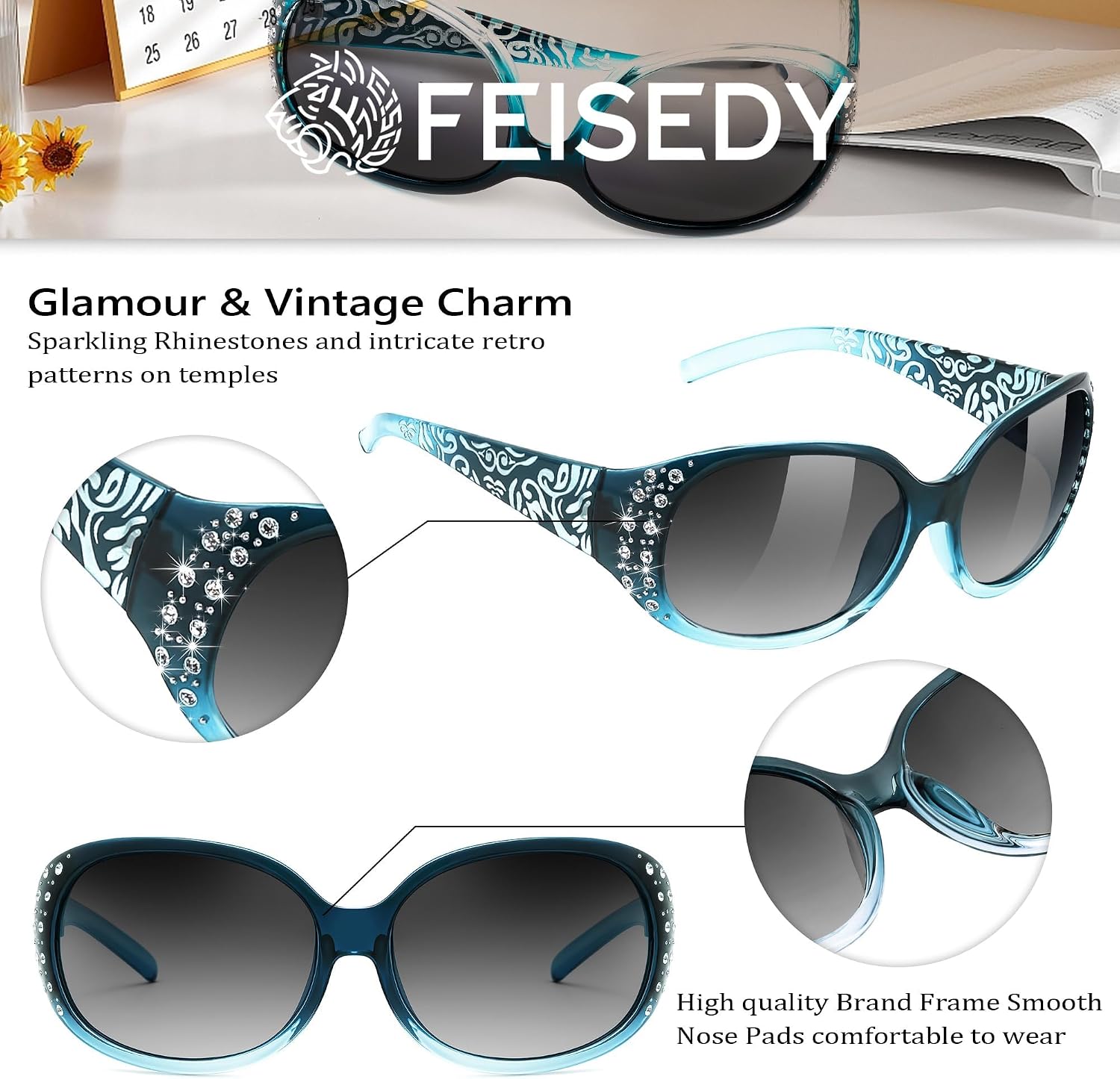 商品图片 17 | B0FZT6D16L | FEISEDY Women's Polarized Sunglasses Wrap Around Rhinestone Design Fashion Sunnies UV400 Protection B1091