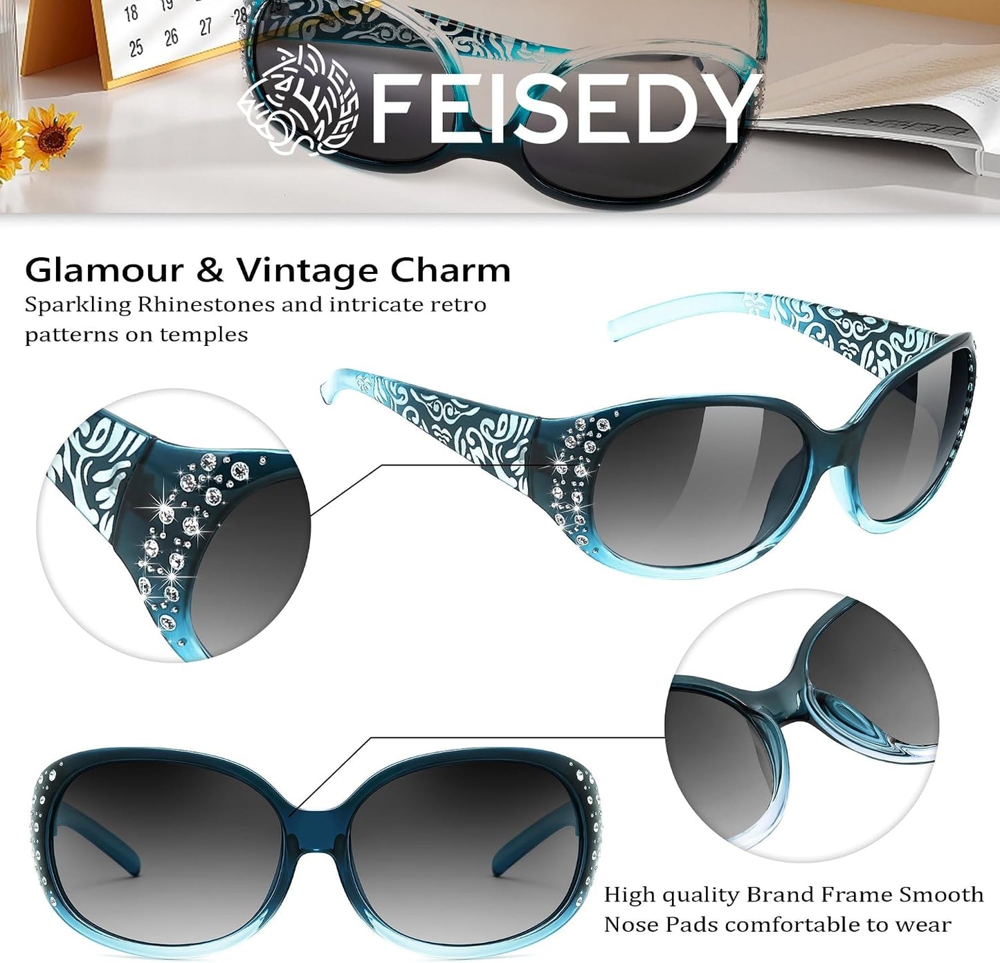 商品图片 17 | B0FZT6D16L | FEISEDY Women's Polarized Sunglasses Wrap Around Rhinestone Design Fashion Sunnies UV400 Protection B1091