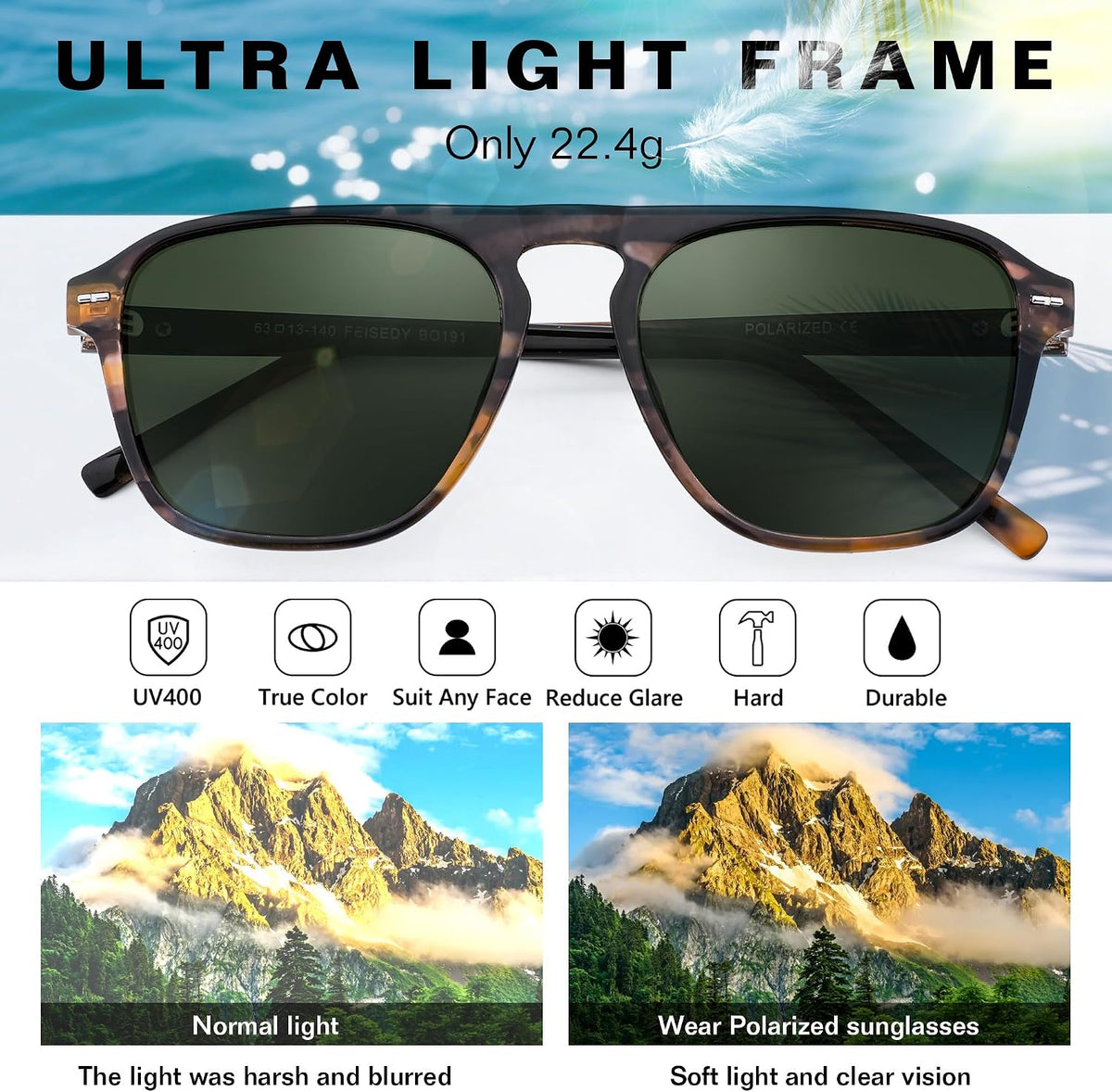 ÉÌƷͼƬ 28 | B0F4D461TF | FEISEDY Polarized Aviator Mens Sunglasses Square Modern Women Vintage Style Acetate Frame UV400 B0191