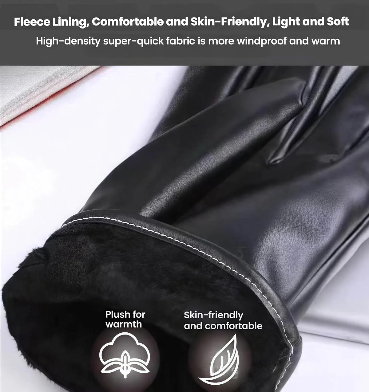 商品图片 4 | B0FSR5ZY7C | Leather Gloves for Men Thermal Lined, Riding Driving Windproof Waterproof PU Leather Touchscreen Gloves with Wrist Strap