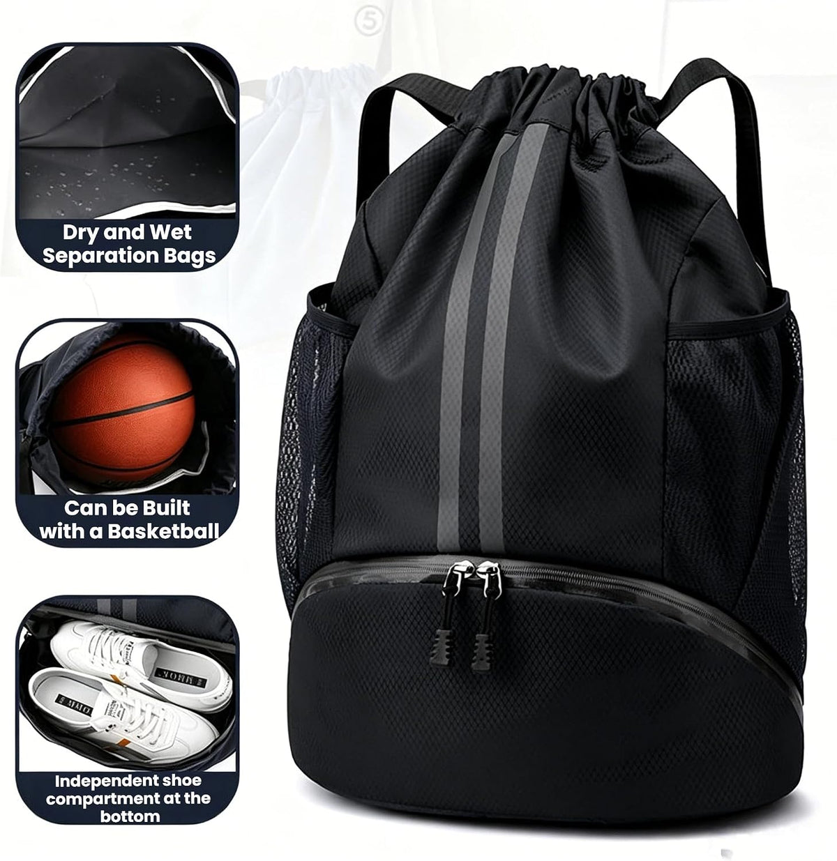 商品图片 2 | B0H2HGPG4D | Sports Drawstring Backpack for Women Men String Swim Gym String Bag with Reflective Strip Shoes Compartment Wet Proof Pocke