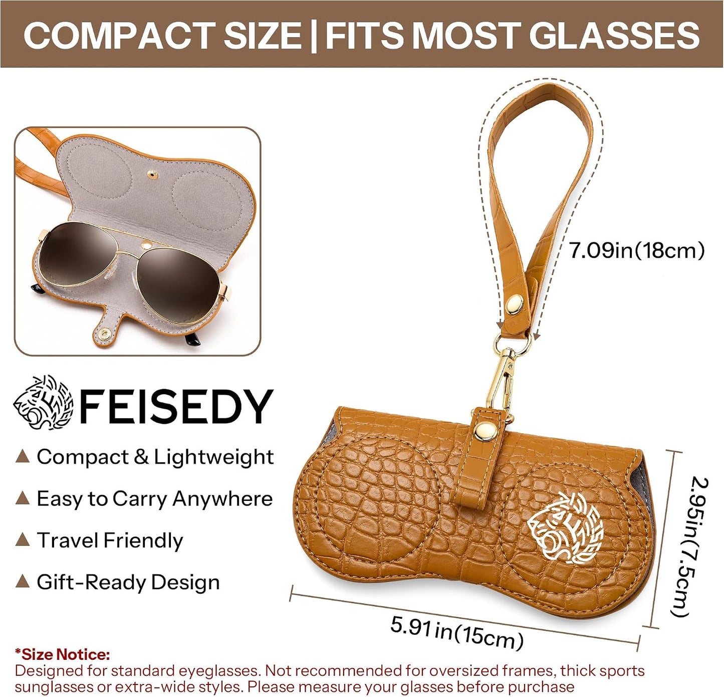 商品图片 22 | B0H4QTYMQP | FEISEDY Soft Crocodile Textured Leather Sunglass Bag, Portable Glasses Pouch With Button Clip Wrist Strap B0366