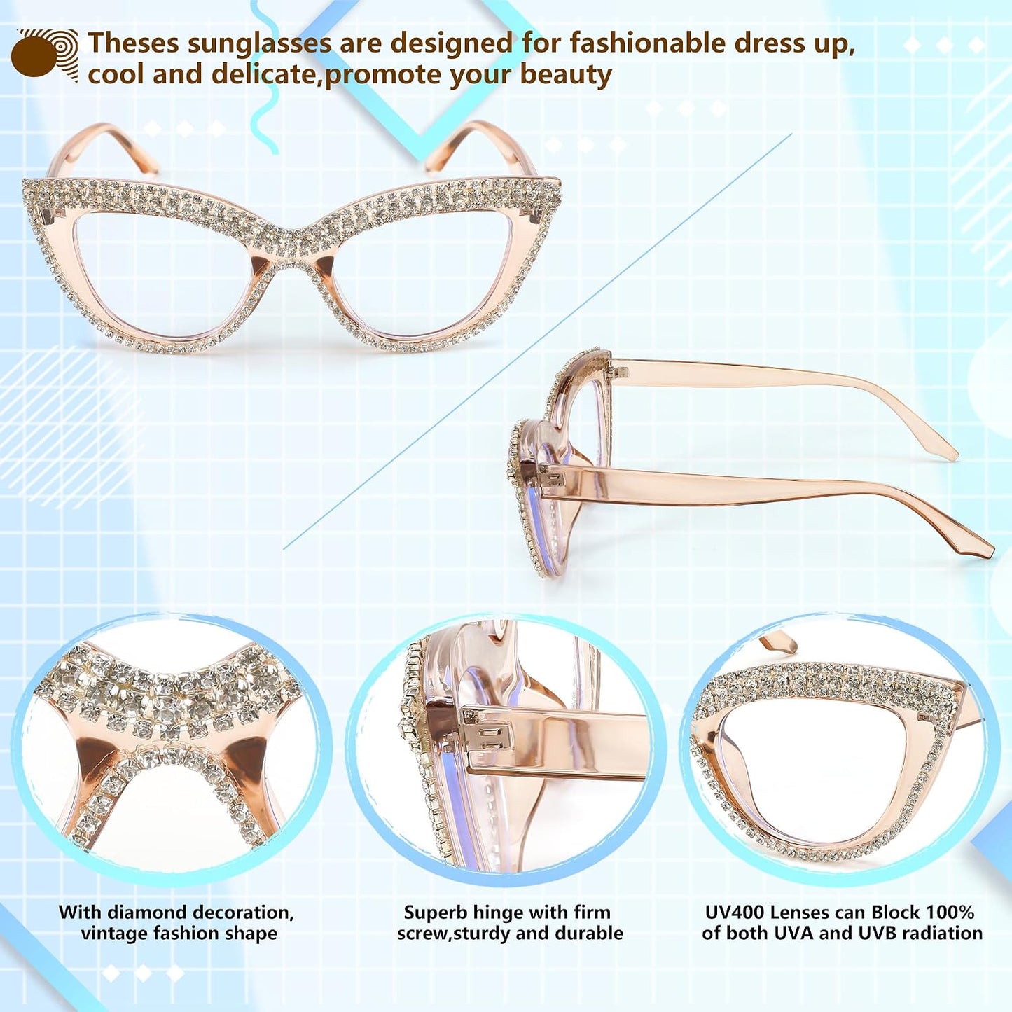商品图片 33 | B0BLH5NHK8 | FEISEDY Diamond Blue Light Blocking Glasses Cat Eye Rhinestone Women Oversized Anti Eyestrain Computer Glasses Frame B2358