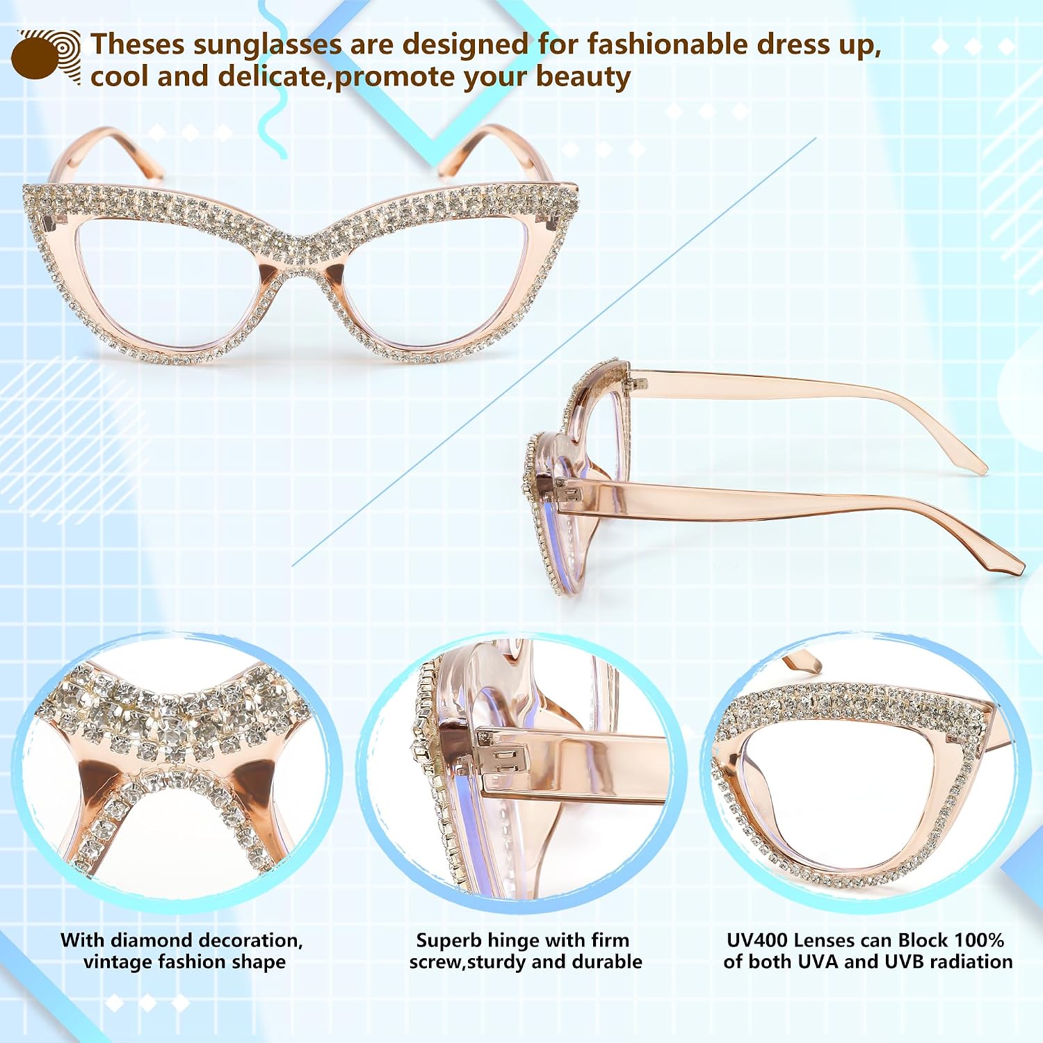商品图片 33 | B0BLH5NHK8 | FEISEDY Diamond Blue Light Blocking Glasses Cat Eye Rhinestone Women Oversized Anti Eyestrain Computer Glasses Frame B2358