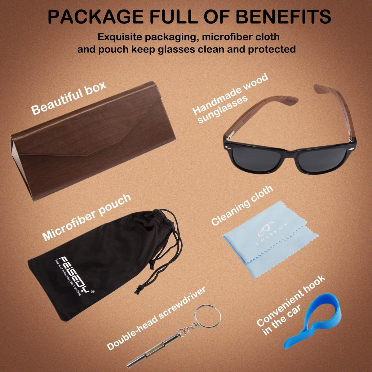 商品图片 29 | B07J2YHS4L | FEISEDY Polarized Wood Sunglasses Women Men HD UV400 Driving Fishing Golf Sunglasses B2448
