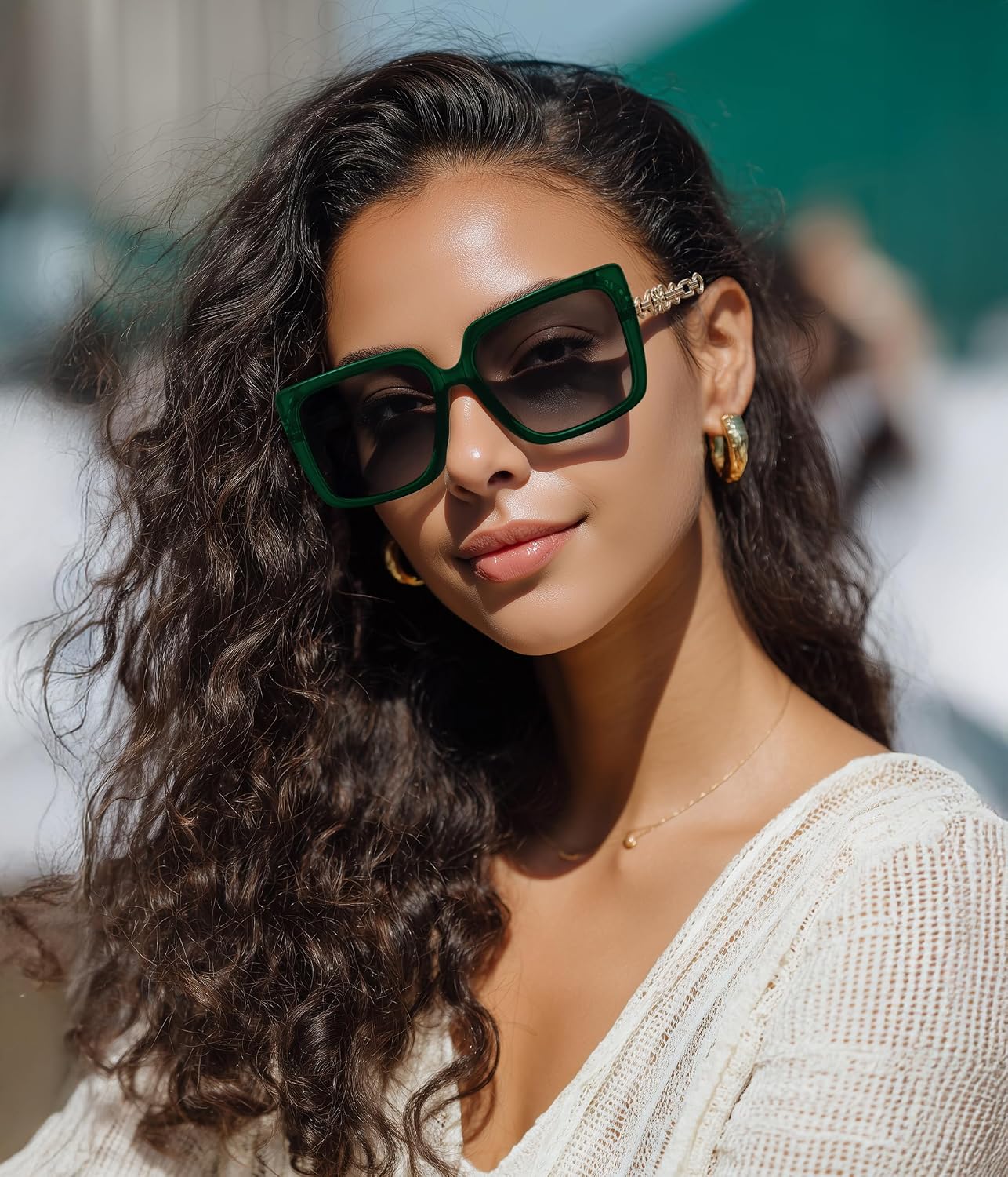 商品图片 23 | B08HVPGJW5 | FEISEDY Sunglasses Womens Trendy, Oversized Square Shades, Pearl Inlay Cat Eye Frame UV400 Protection B2625