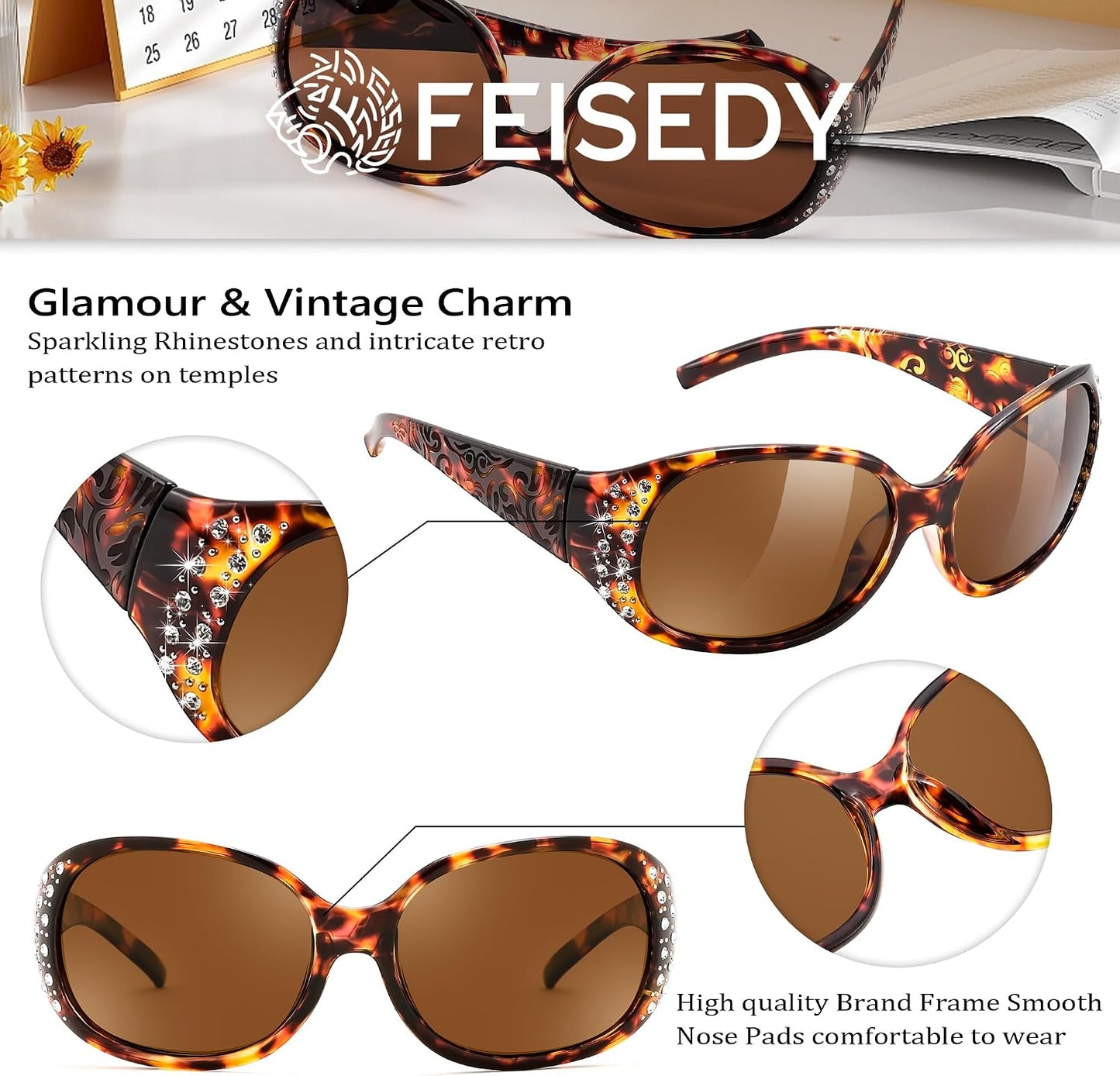 商品图片 24 | B0FZT6D16L | FEISEDY Women's Polarized Sunglasses Wrap Around Rhinestone Design Fashion Sunnies UV400 Protection B1091