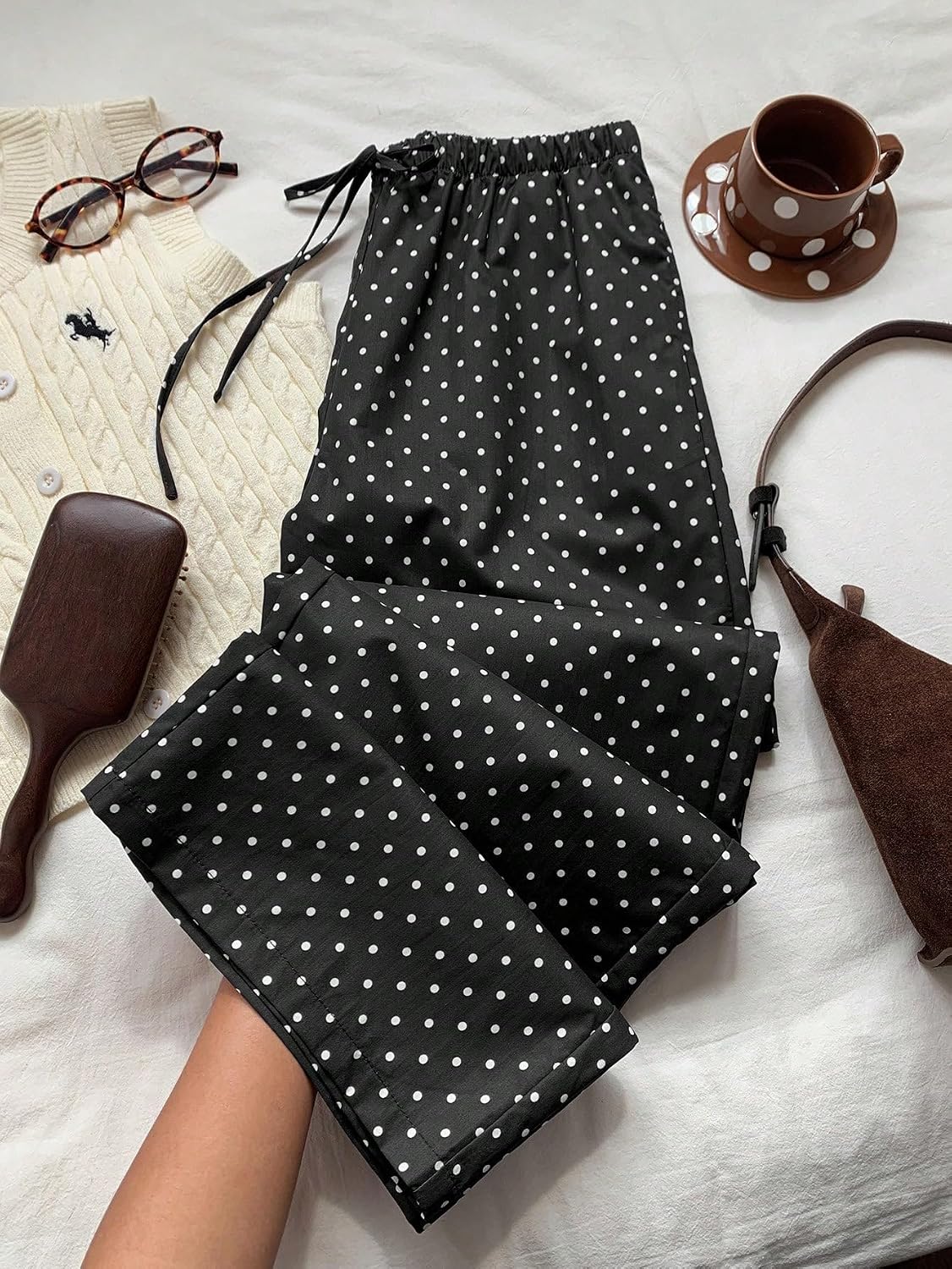 Large | B0H2VWC2MP | Women Black Polka Dots Wide Leg Pants, Drawstring Elastic Waist Casual Lounge Sweatpants with Pockets