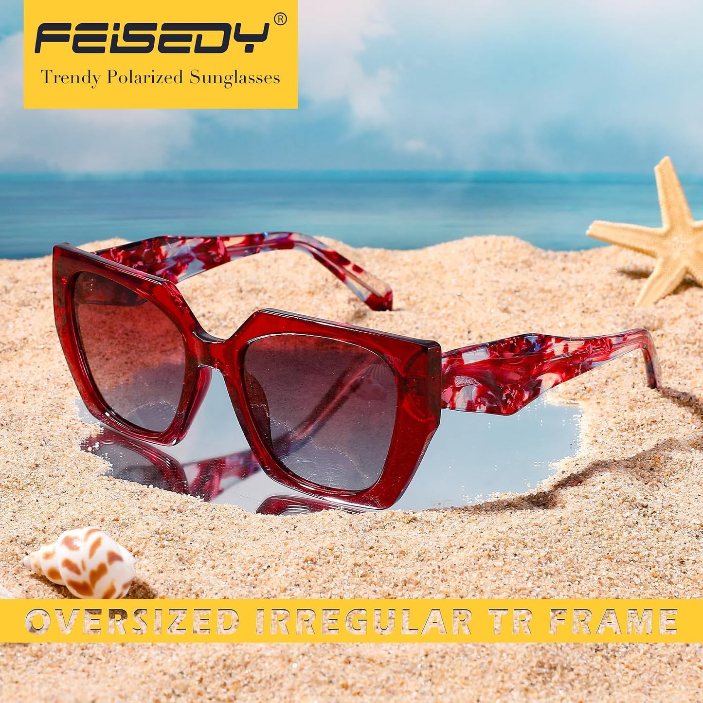 商品图片 32 | B0CNCTSQ2Z | FEISEDY Trendy Polarized Sunglasses, Oversized Irregular TR Frame for Women Men, Retro Shades UV400 B0016