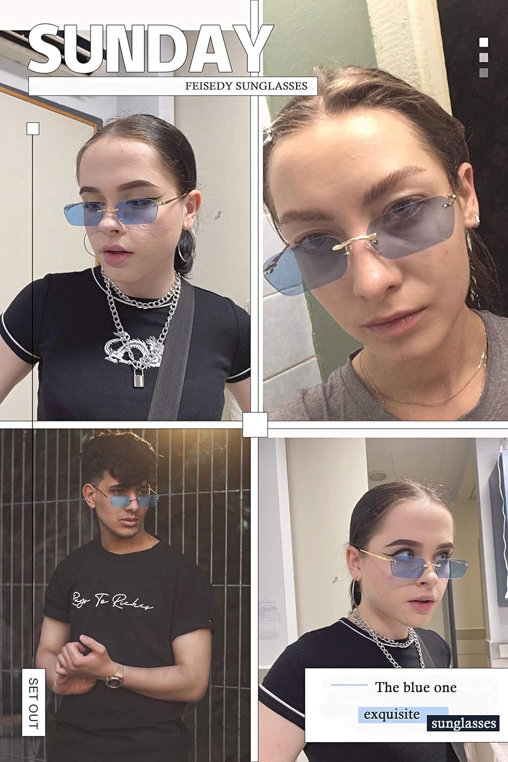 商品图片 56 | B0CY2Q4VW1 | FEISEDY Rimless Sunglasses Y2K Retro Small Narrow Rectangle Shades B2643