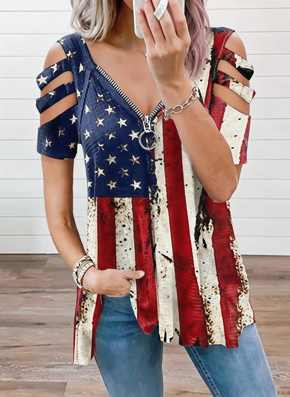 5X-Large | B0H4KLC1DR | Plus Size Women's 4th of July Cold Shoulder Tunic Tops, American Flag V Neck Zipper Short Sleeve Casual Summer Shirt，XL-5XL
