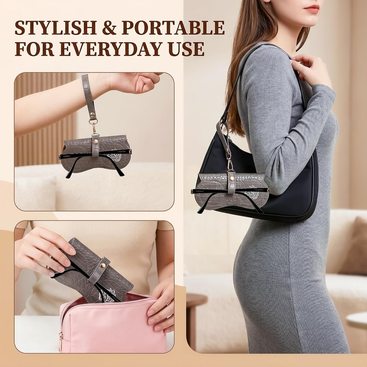商品图片 30 | B0H4QTYMQP | FEISEDY Soft Crocodile Textured Leather Sunglass Bag, Portable Glasses Pouch With Button Clip Wrist Strap B0366