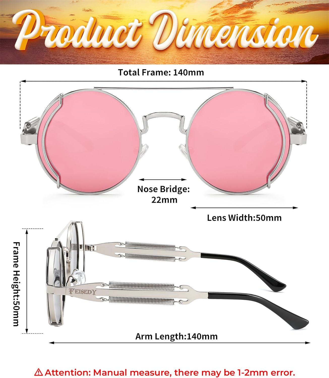 商品图片 28 | B0BD4MSMZQ | FEISEDY Aviator Sunglasses for Men Women Steampunk Round Metal Frame B2351